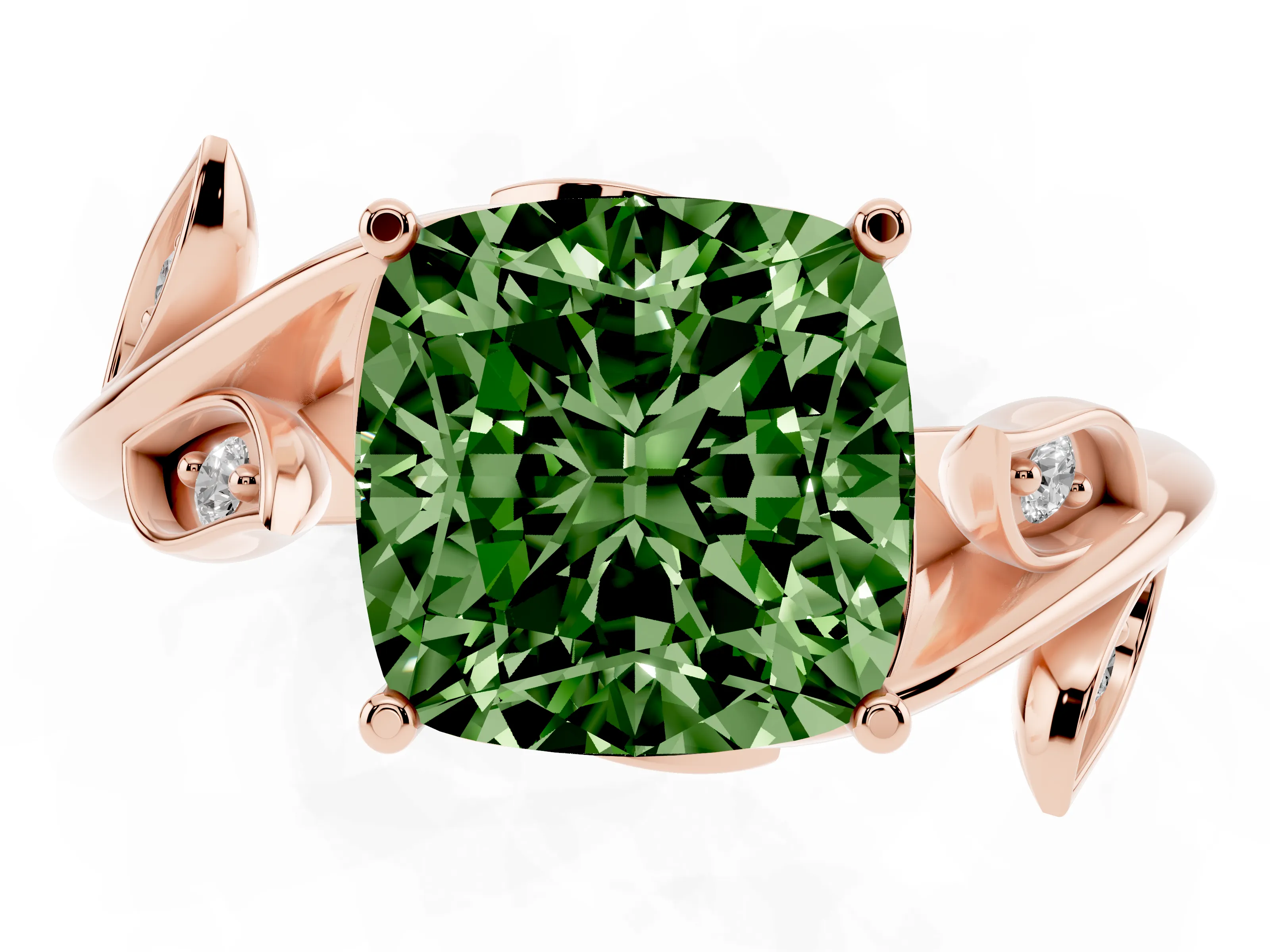 Fancy Green Cushion Cut Diamond Solitaire Twist Engagement Ring Set in Rose gold with Pavé Leaf Accents