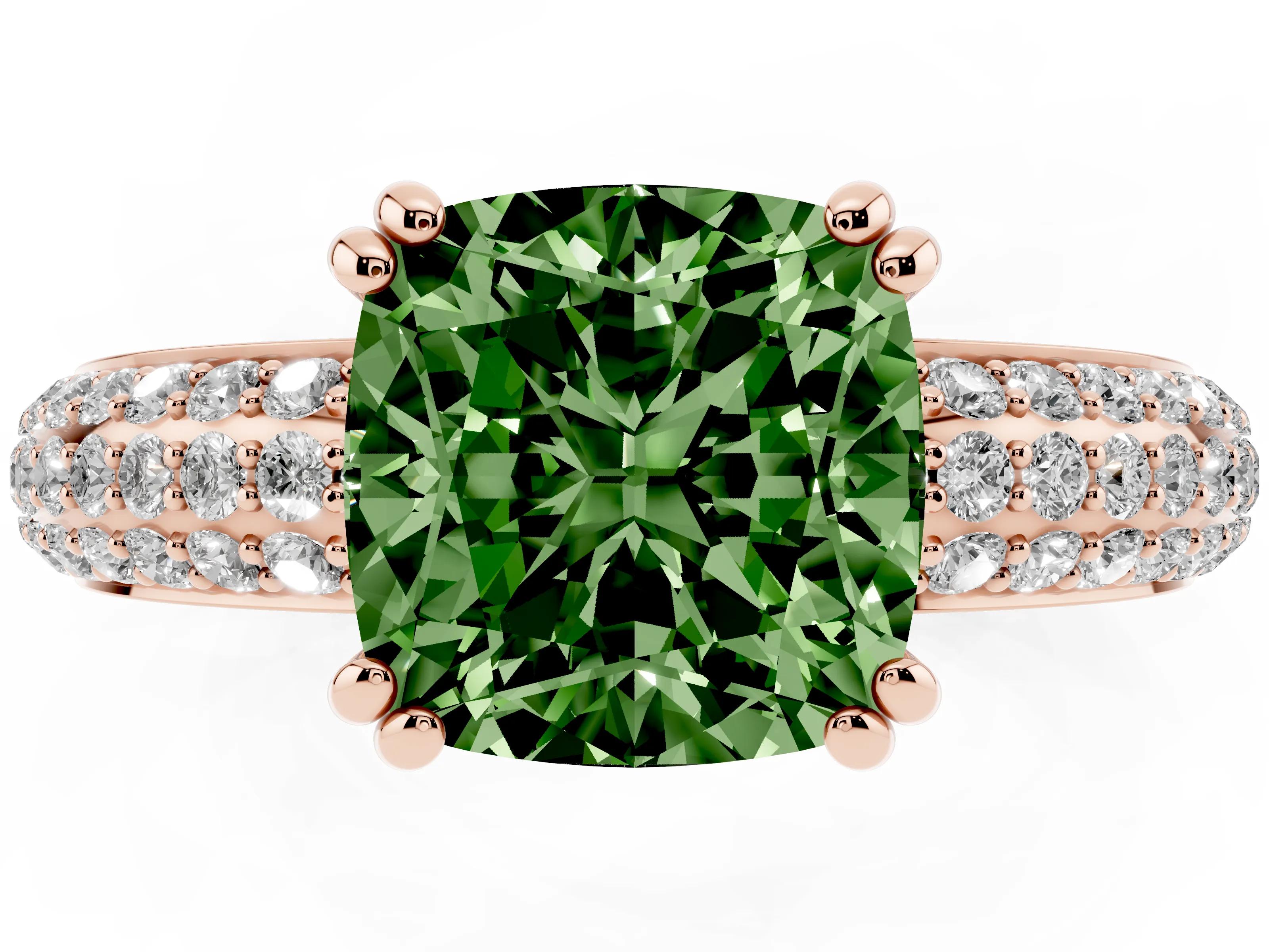 Fancy Green Cushion Cut Diamond Solitaire Ring Set in Rose gold with Multi-Row Round Pavé Band and Prong Setting