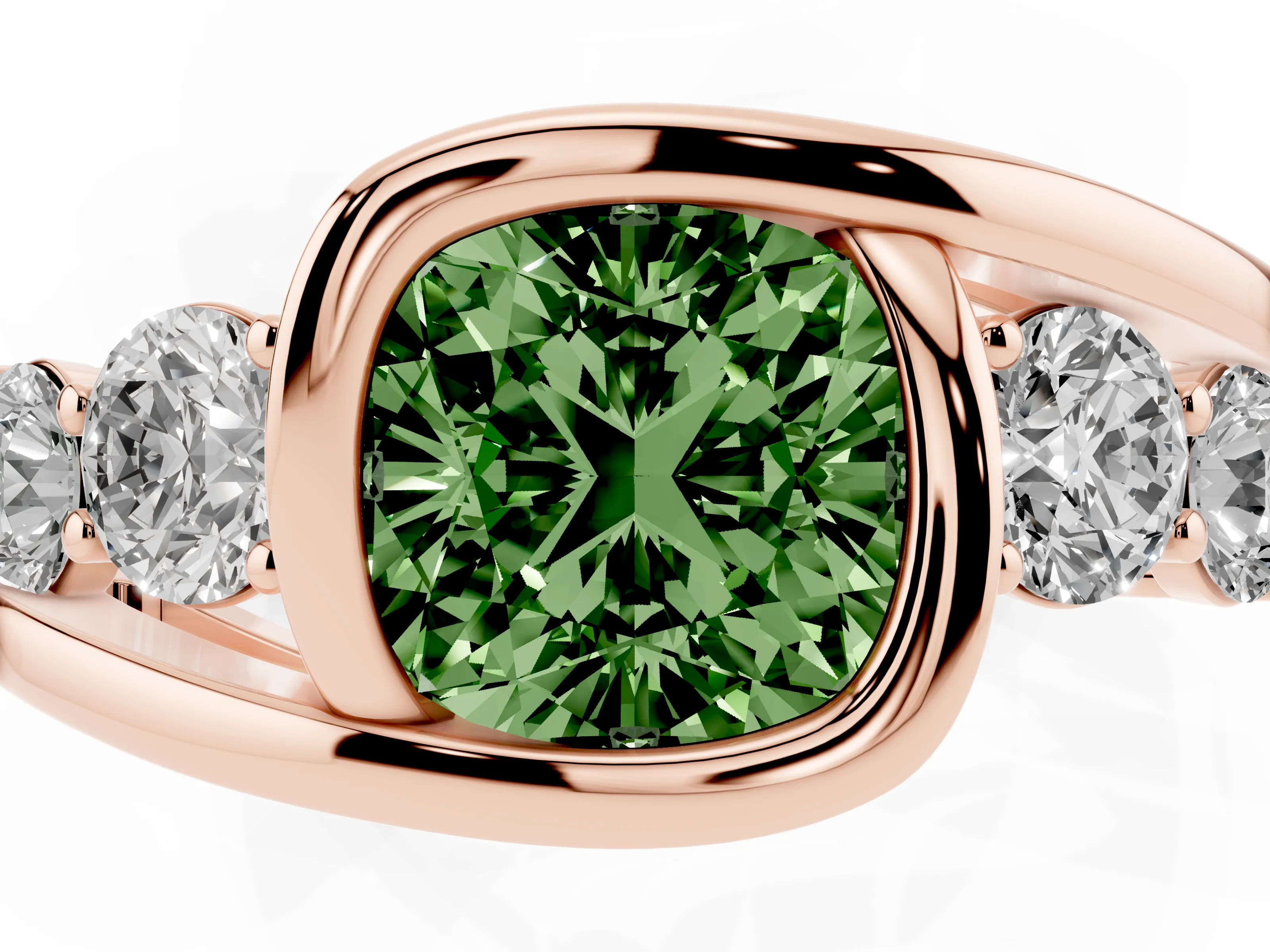 Fancy Green Cushion Cut Diamond Bezel Bypass Ring Set in Rose gold with Round Accents