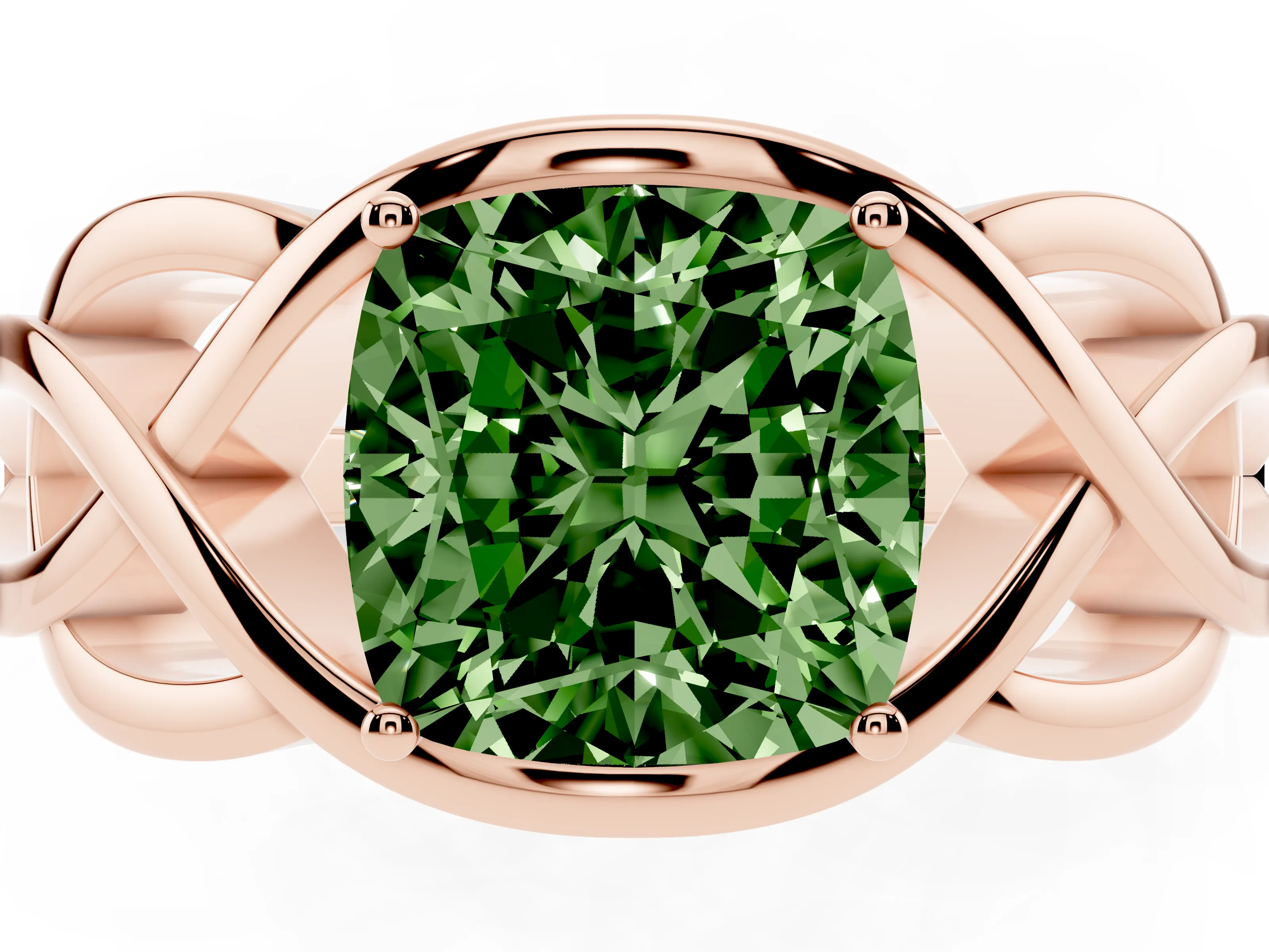 Fancy Green Cushion Cut Diamond Solitaire Ring Set in Rose gold with Intertwined Band