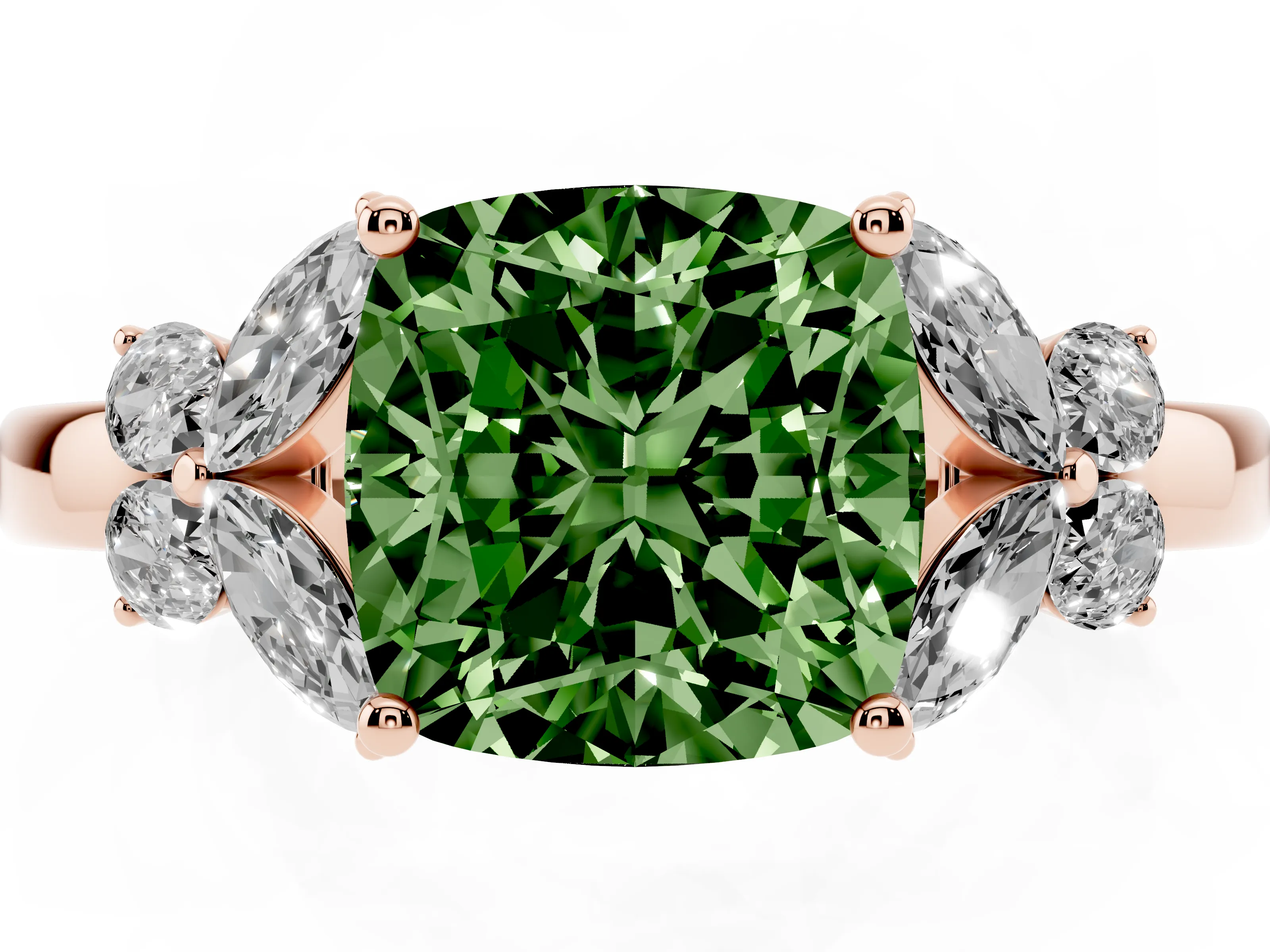 Fancy Green Cushion Cut Diamond Solitaire Floral Ring Set in Rose gold with Marquise Petals and Prong Setting