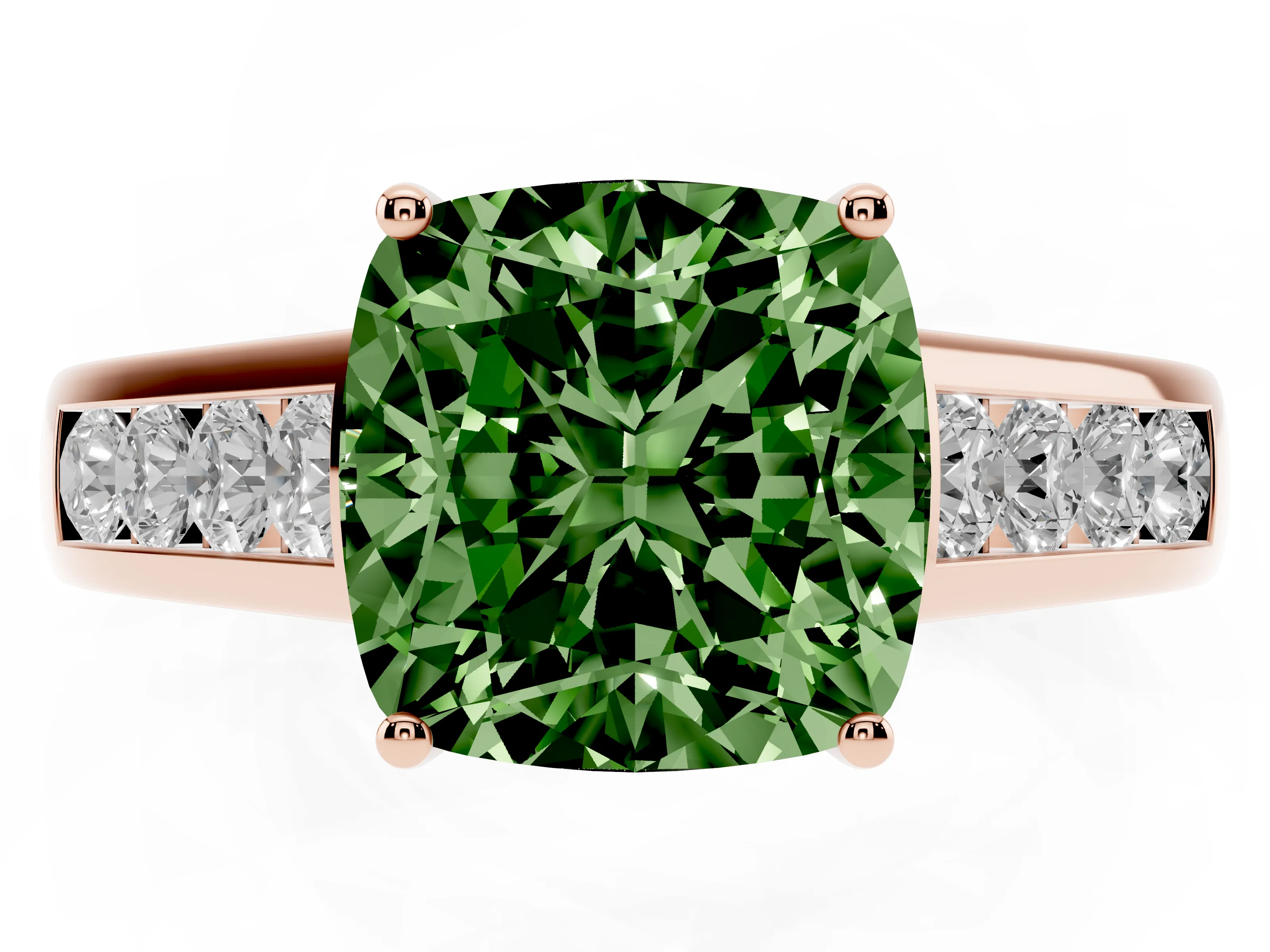 Fancy Green Cushion Cut Diamond Brilliant Channel-Set Solitaire Ring Set in Rose gold with Prong Setting
