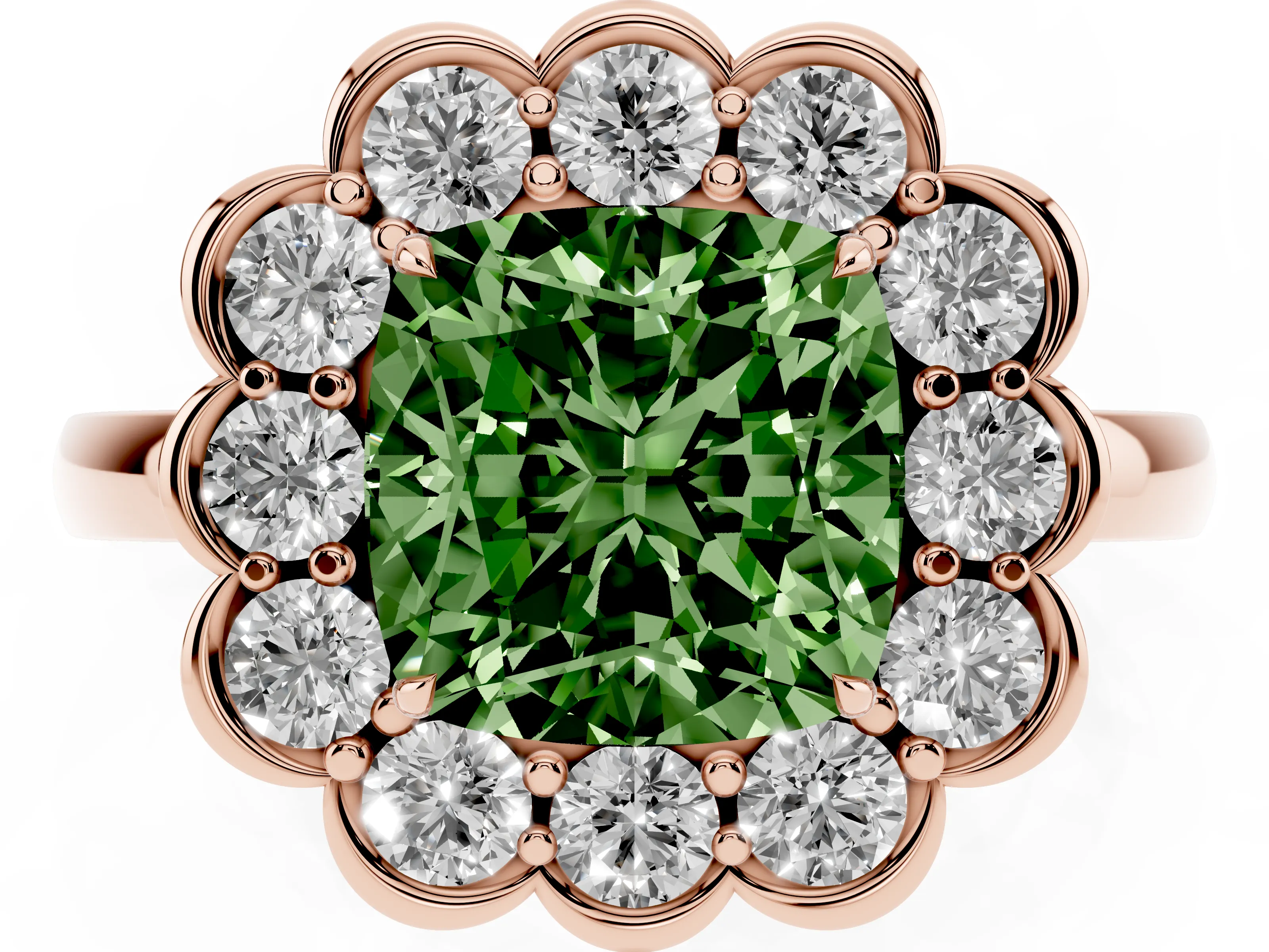 Fancy Green Cushion Cut Diamond Halo Cluster Engagement Ring Set in Rose gold with Solitaire Band and Prong Setting