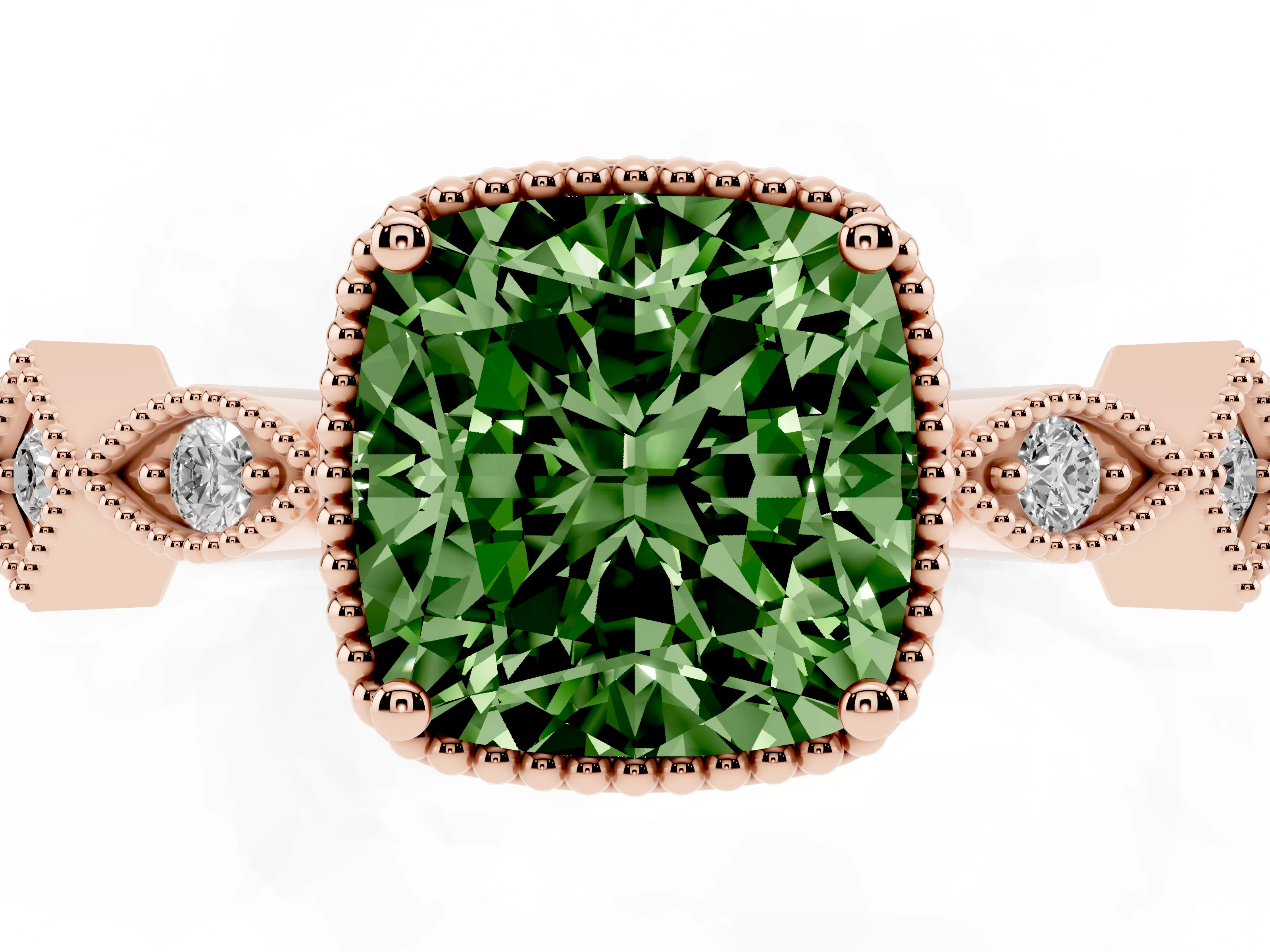 Fancy Green Cushion Cut Diamond Milgrain Marquise Twist Band Ring Set in Rose gold with Prong Setting