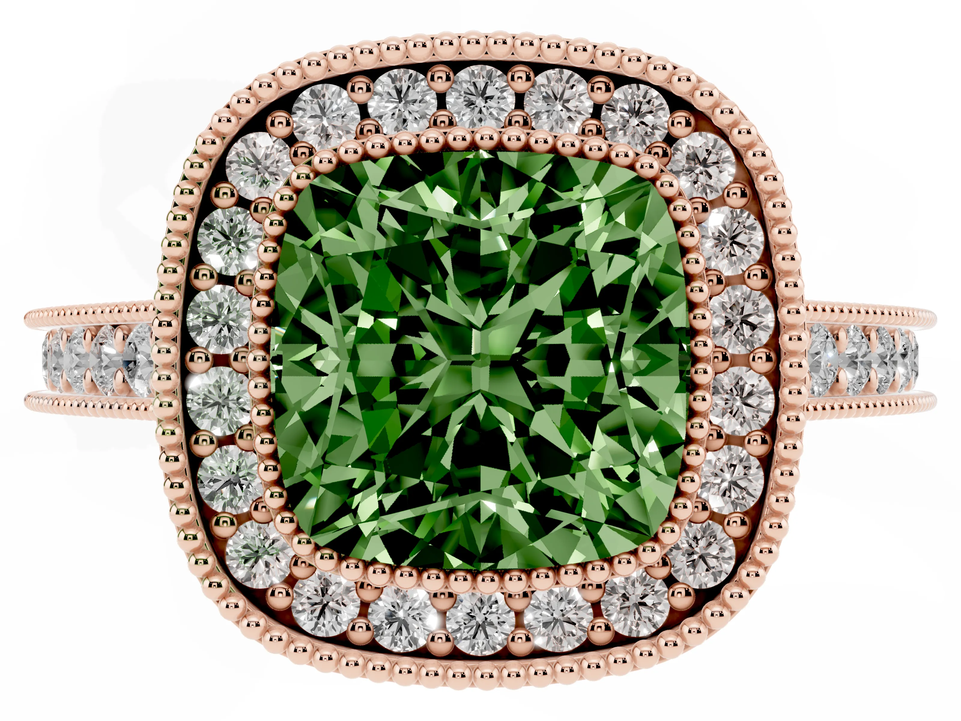 Fancy Green Cushion Cut Diamond Halo Milgrain Pavé Band Ring Set in Rose gold with Prong Setting