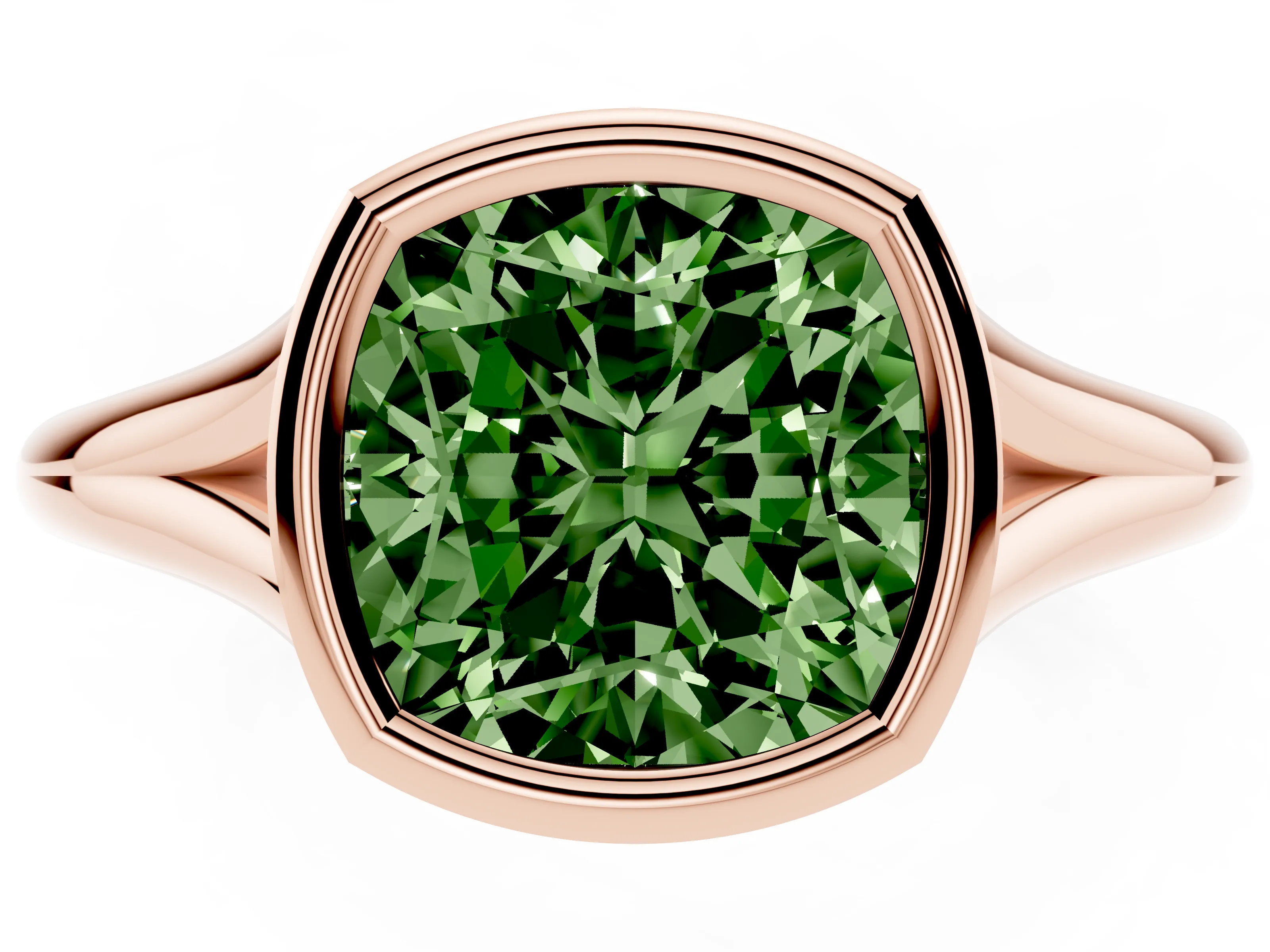 Fancy Green Bezel Set Cushion Cut Diamond Solitaire Ring Set in Rose gold with Tapered Band
