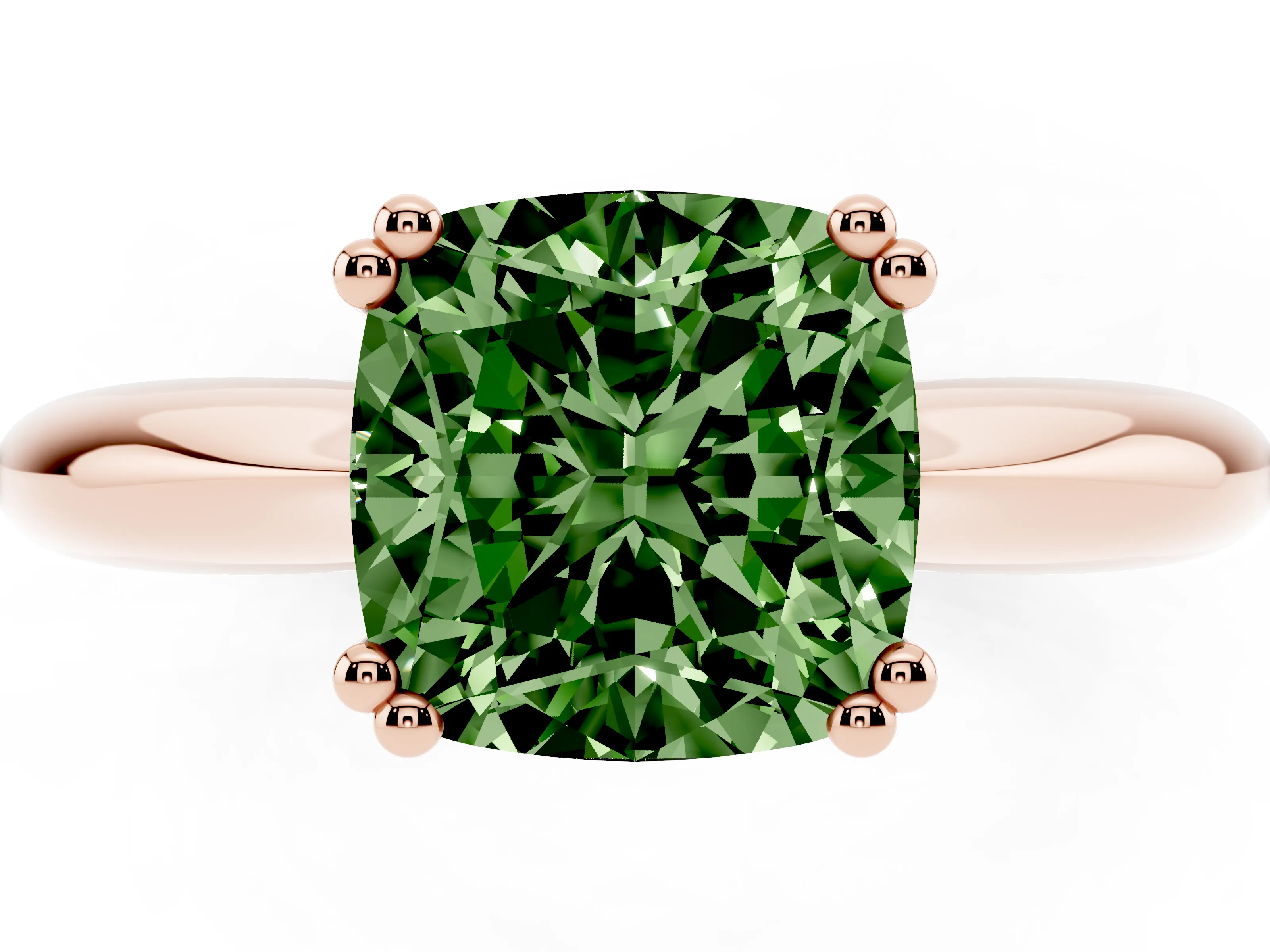 Fancy Green Cushion Cut Diamond Solitaire Engagement Ring Set in Rose gold with Tapered Band and Prong Setting