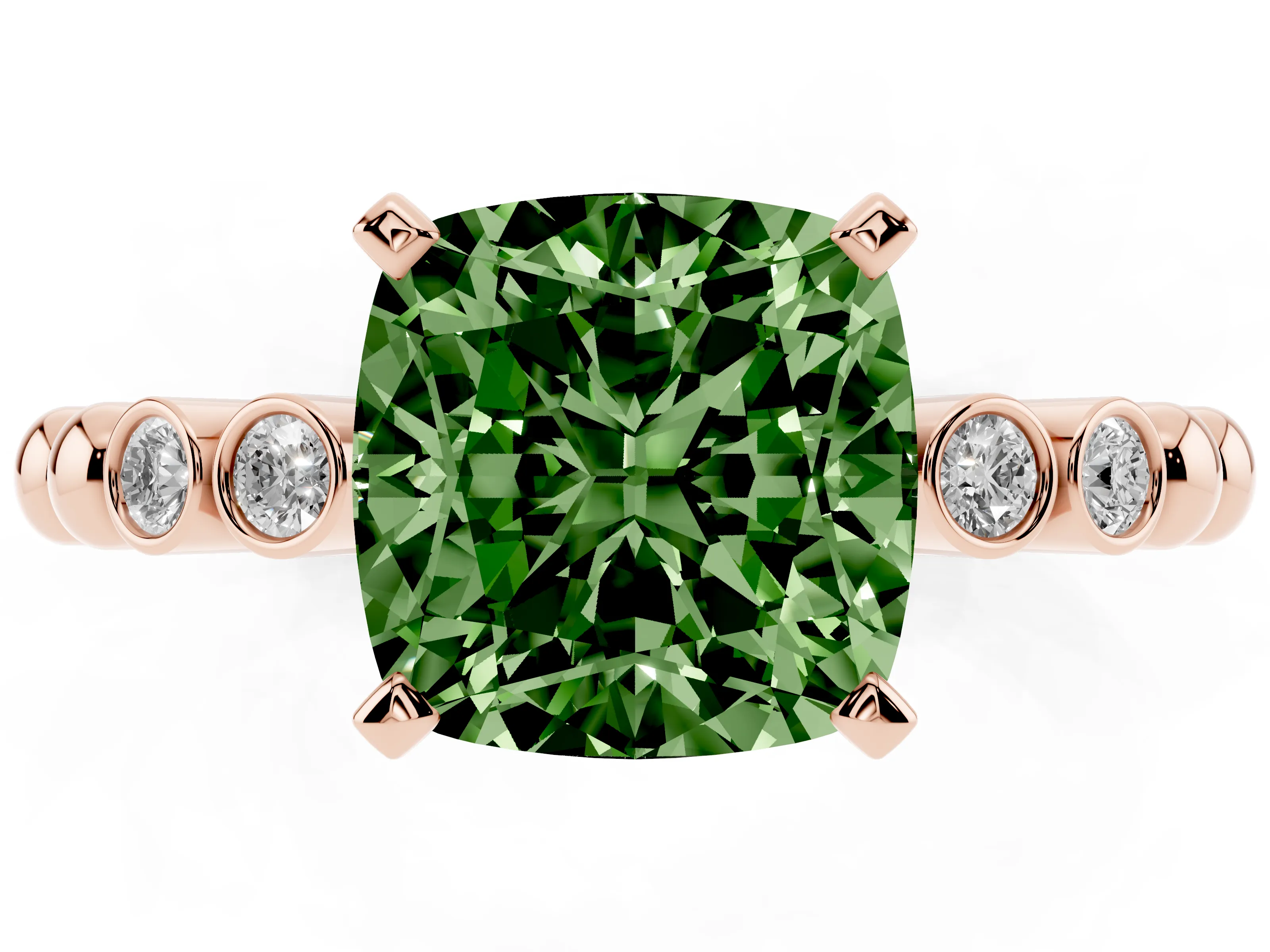 Fancy Green Cushion Cut Diamond Solitaire Engagement Ring Set in Rose gold with Bezel Accents on Beaded Band