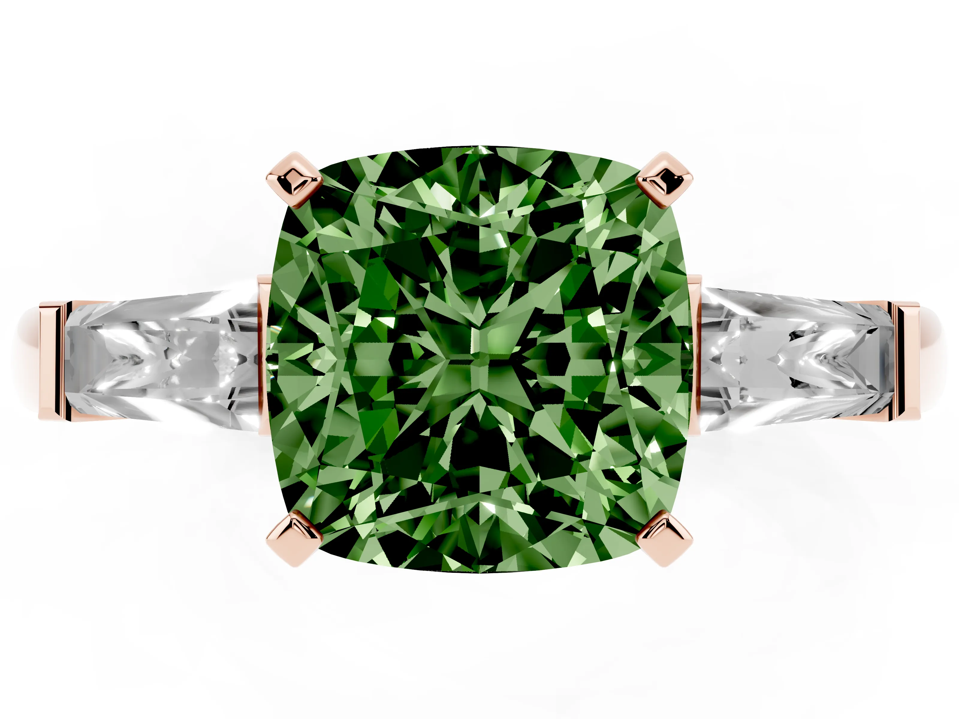 Fancy Green Cushion Cut Diamond Solitaire Ring Set in Rose gold with Tapered Baguette Side Stones and Prong Setting