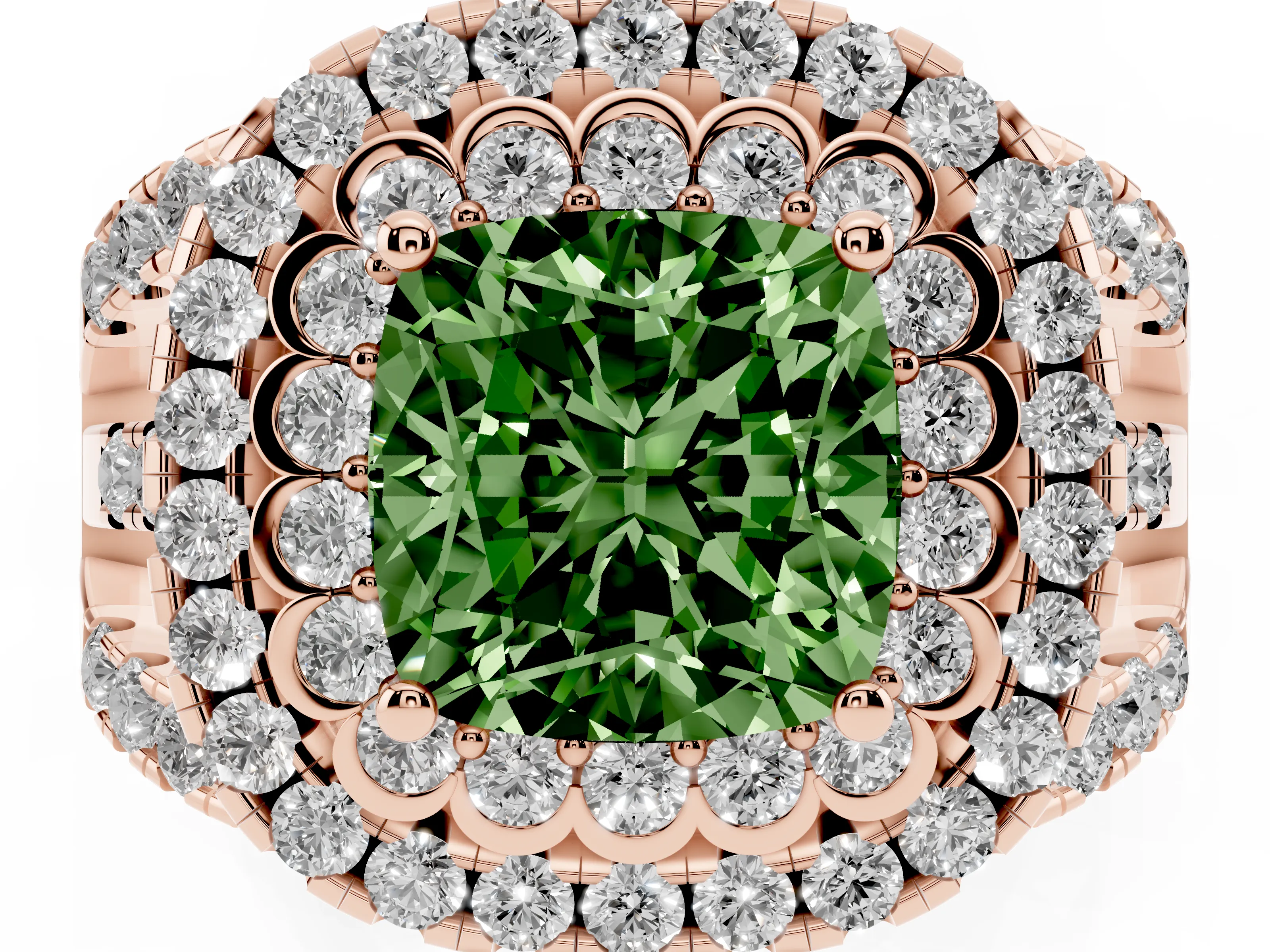 Fancy Green Cushion Cut Diamond Double Halo Ring Set in Rose gold with Round Pavé Split Shank