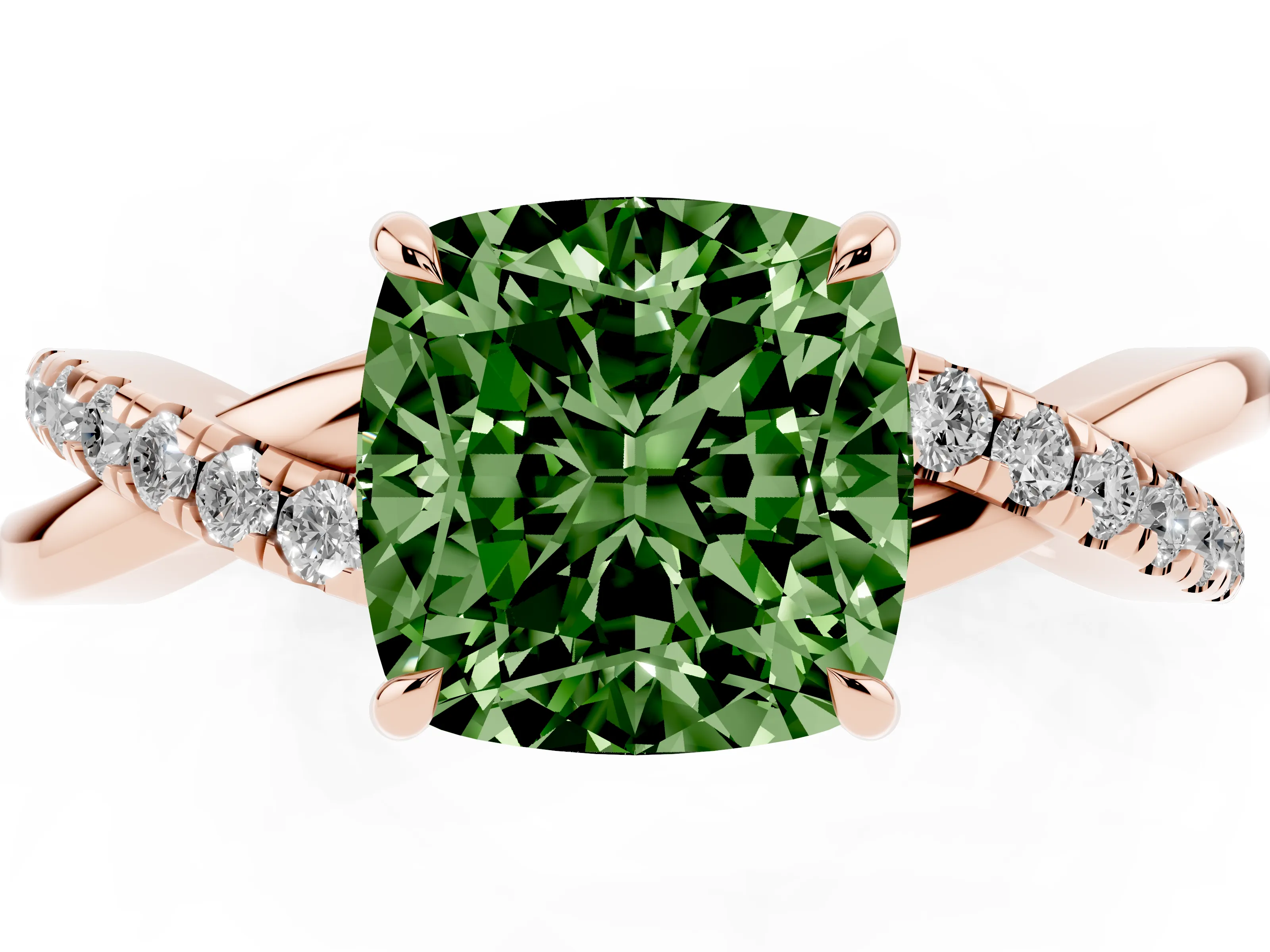 Fancy Green Cushion Cut Diamond Twisted Pavé Band Ring Set in Rose gold with Prong Setting