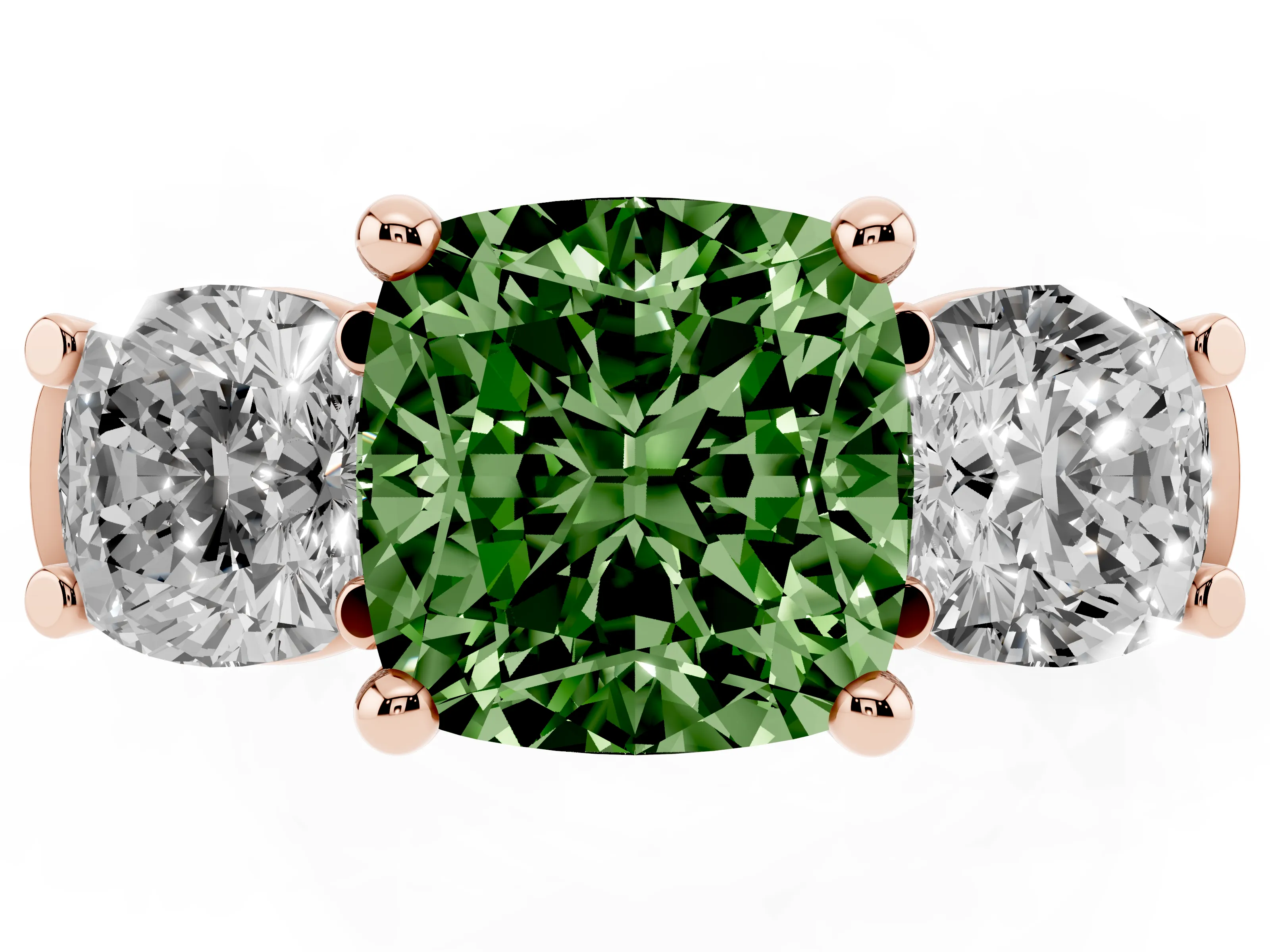 Fancy Green Cushion Cut Diamond Three-Stone Trellis Ring Set in Rose gold with Comfort Fit Band