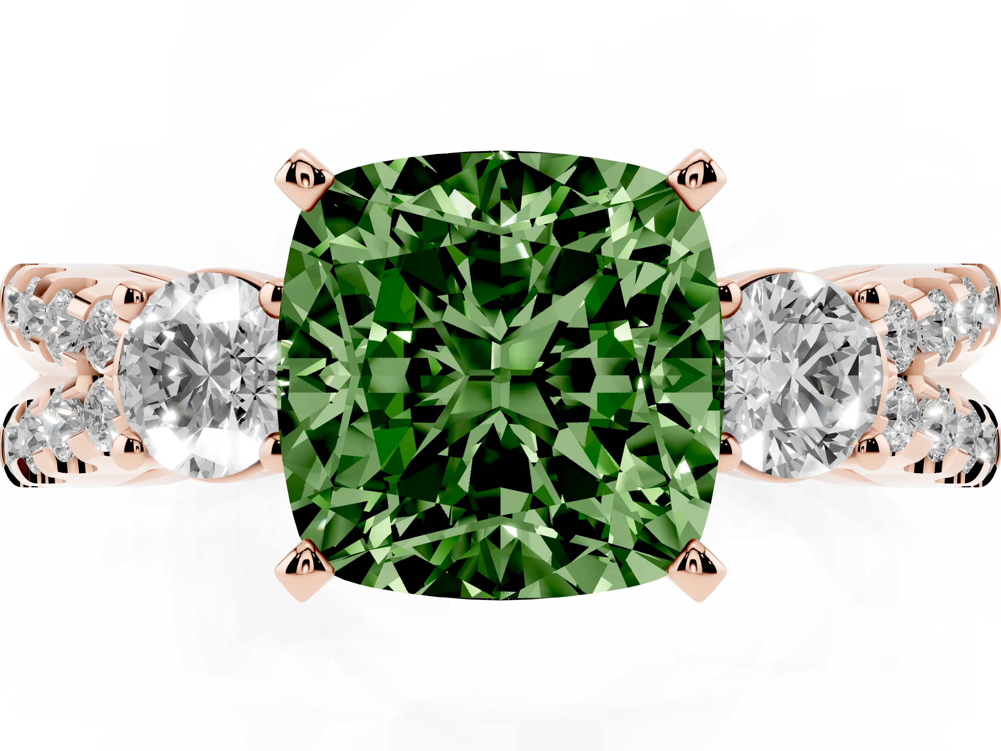Fancy Green Cushion Cut Diamond Three-Stone Ring Set in Rose gold with Pavé Split Shank and Prong Setting
