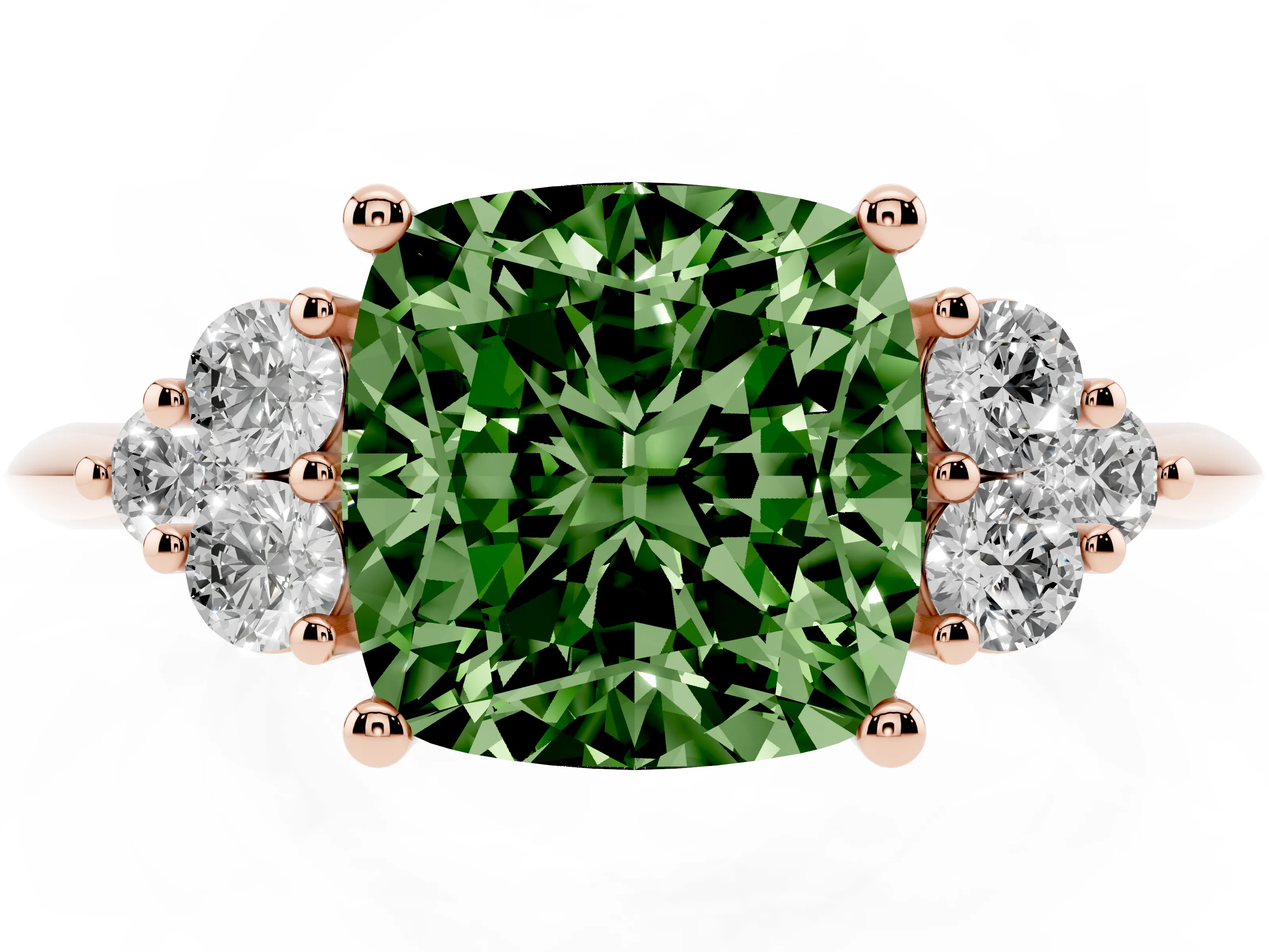 Fancy Green Cushion Cut Diamond Cluster Ring Set in Rose gold with Plain Band and Prong Setting
