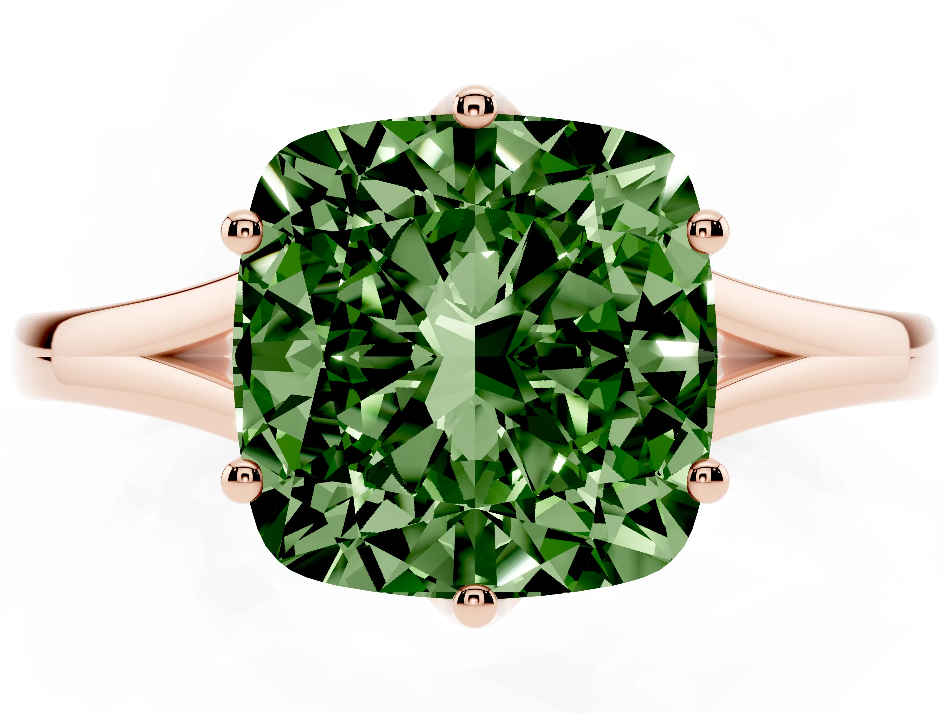 Fancy Green Cushion Cut Diamond Solitaire Ring Set in Rose gold with Polished Tapered Band and Prong Setting