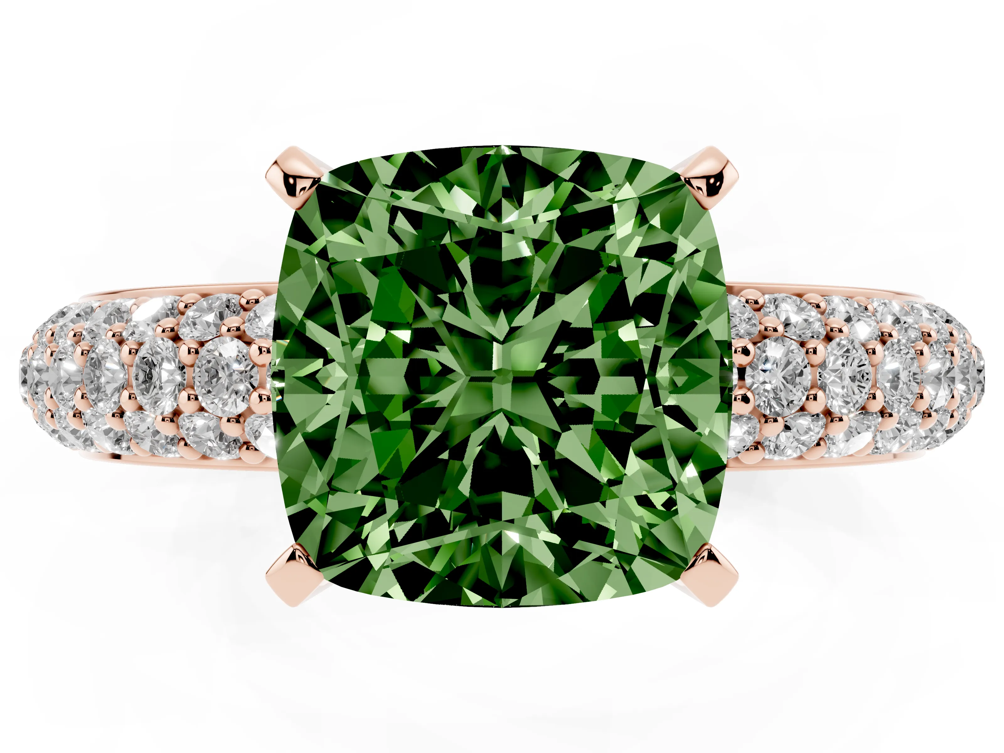 Fancy Green Cushion Cut Diamond Solitaire Ring Set in Rose gold with Prong Setting and Pavé-Set Band