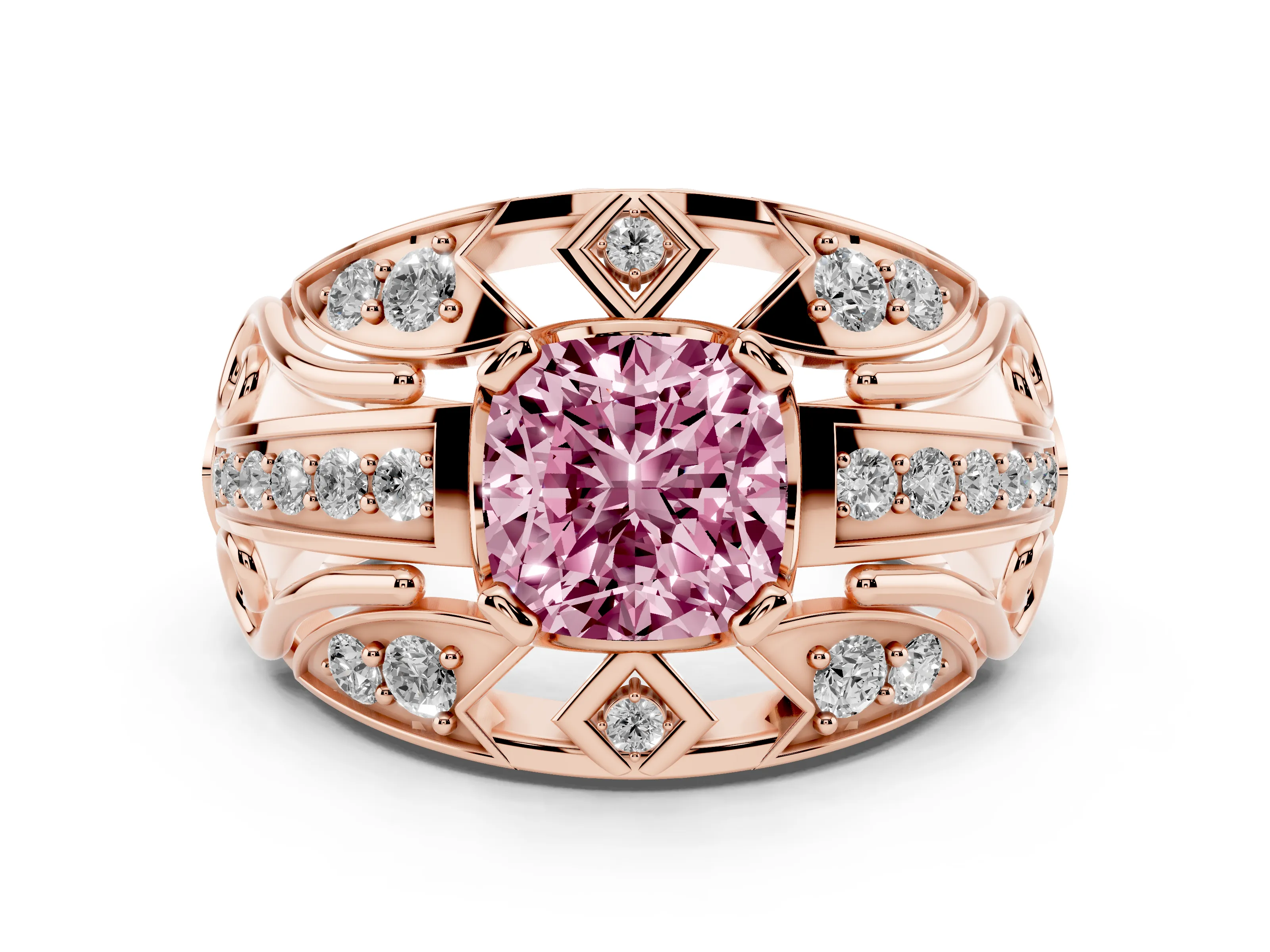 Fancy Pink Cushion Cut Diamond Art Deco Ring Set in Rose gold with Pavé Split Shank