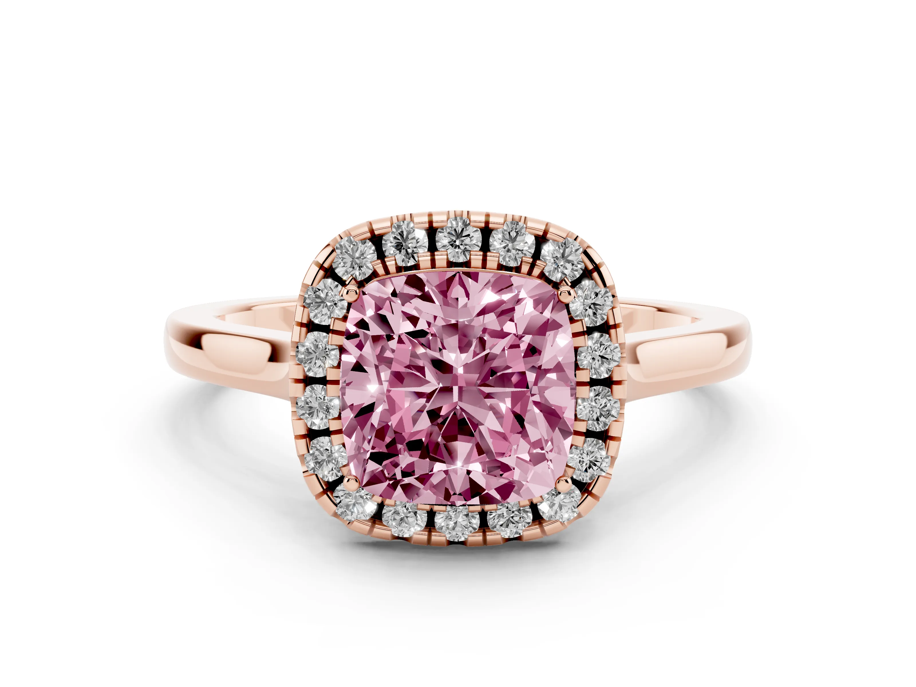 Fancy Pink Cushion Cut Halo Round Diamond Solitaire Ring Set in Rose gold with Pavé Band and Prong Setting