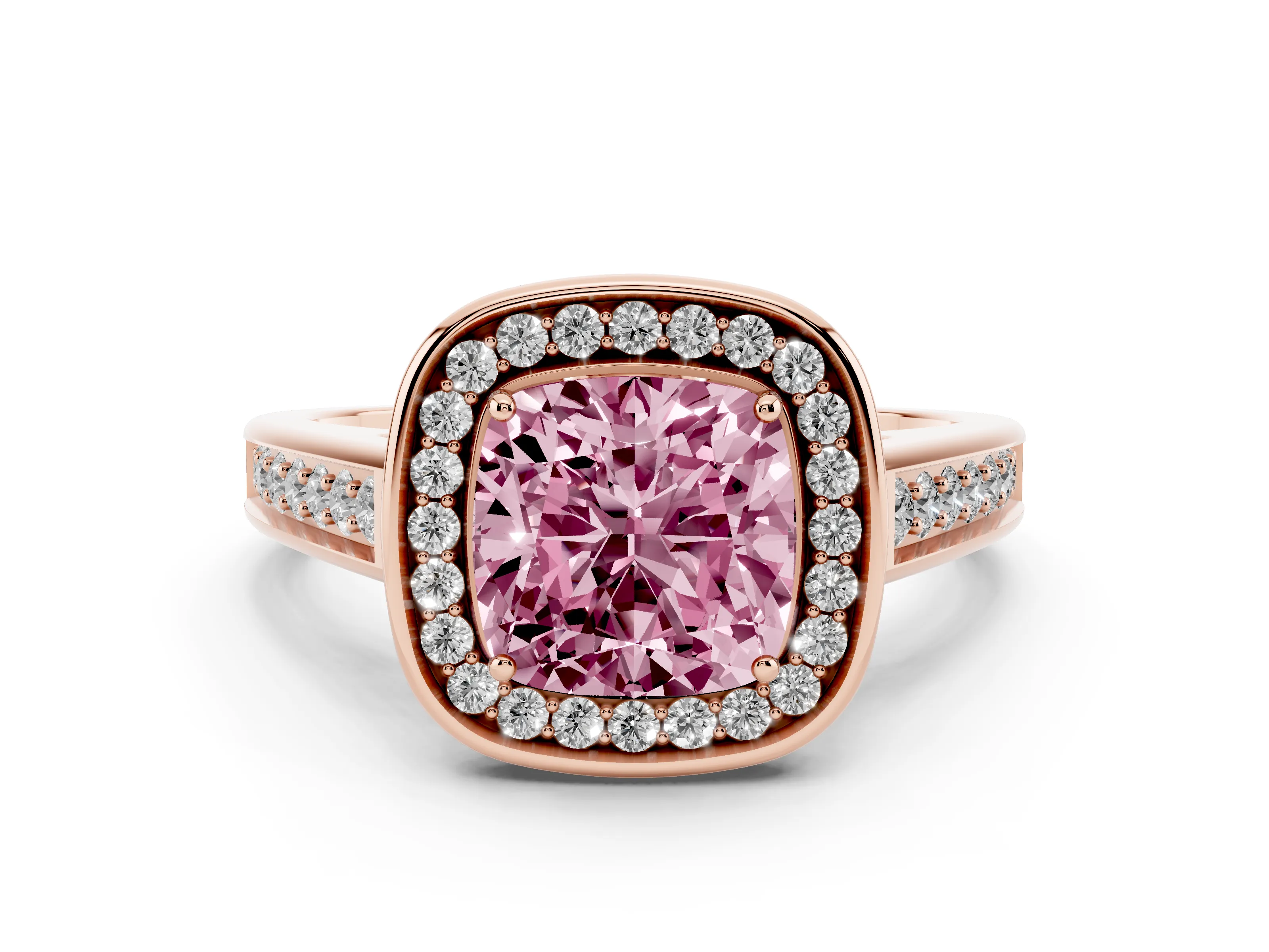 Fancy Pink Cushion Cut Diamond Halo Solitaire Ring Set in Rose gold with Pavé Band and Bezel Setting
