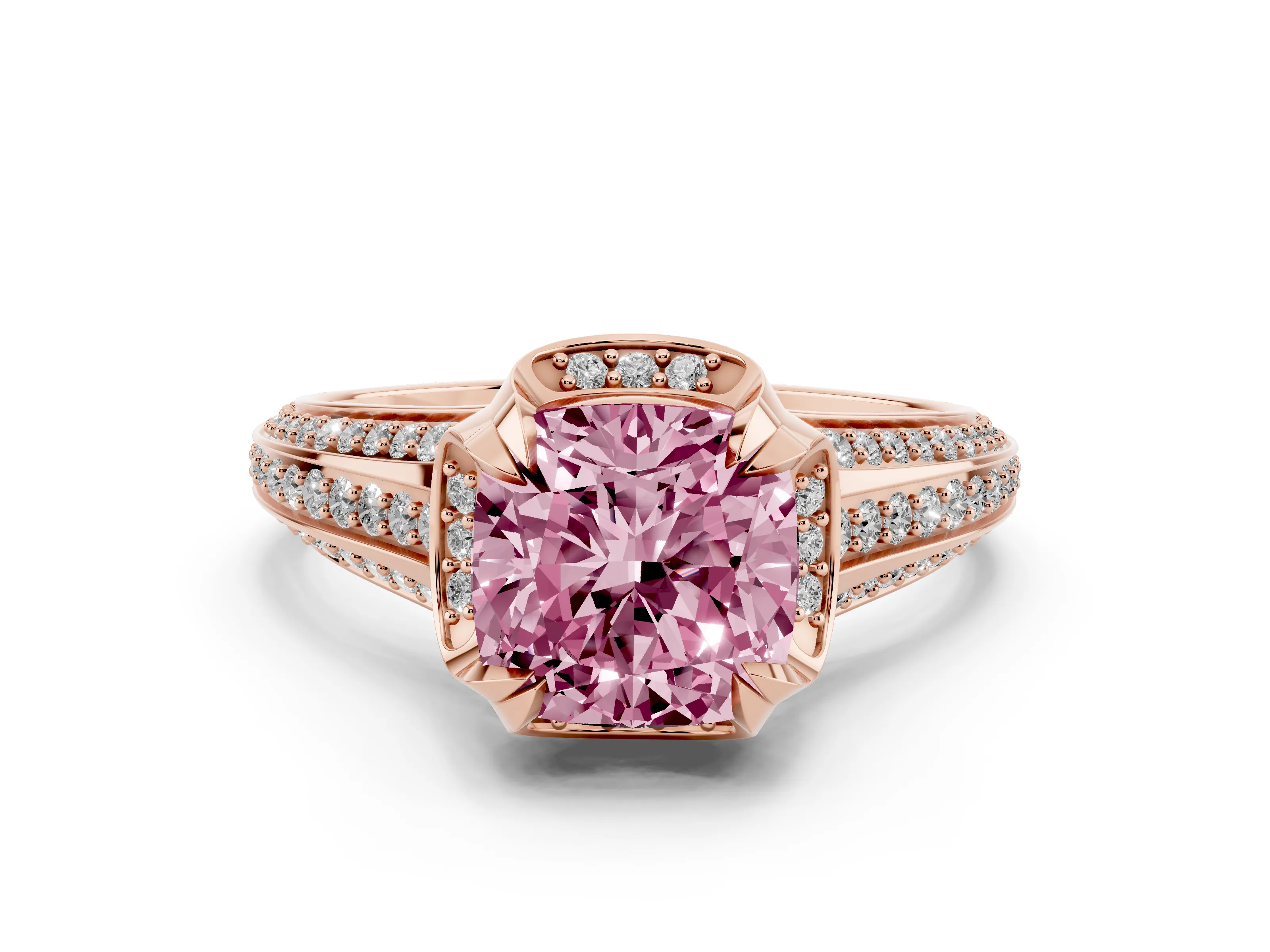 Fancy Pink Cushion Cut Diamond Pavé Split Shank Solitaire Ring Set in Rose gold with Prong Setting