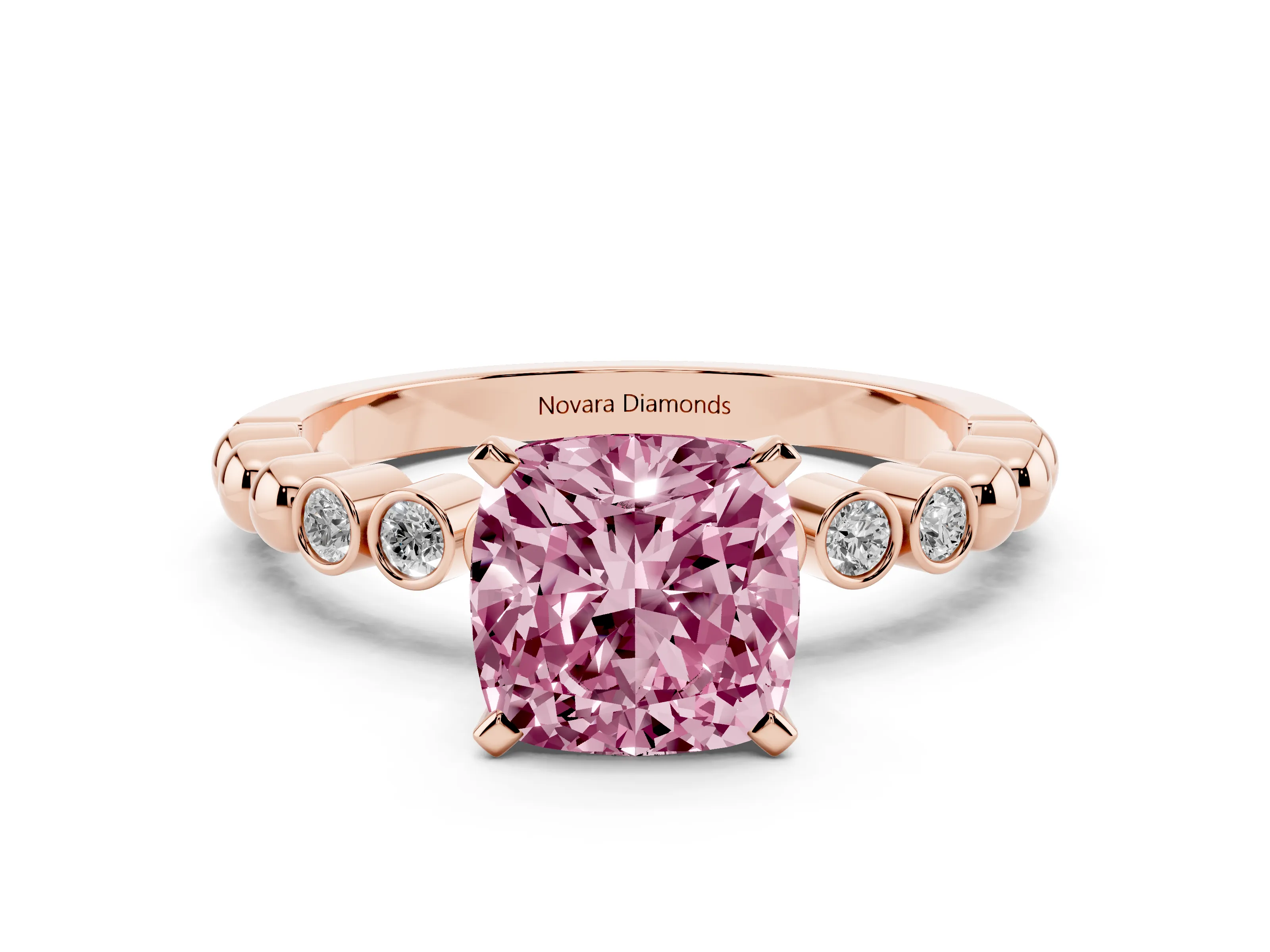 Fancy Pink Cushion Cut Diamond Solitaire Engagement Ring Set in Rose gold with Bezel Accents on Beaded Band