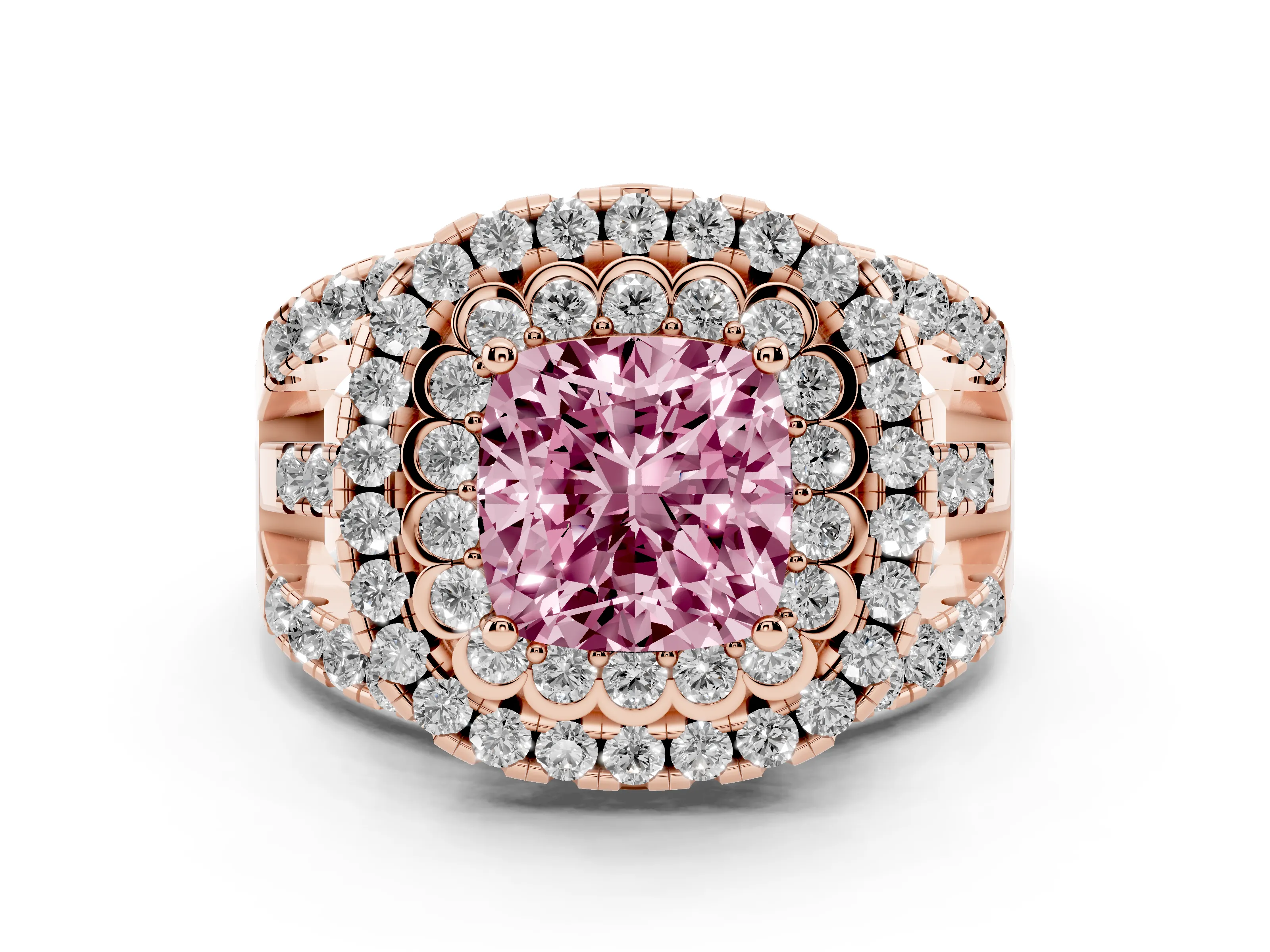 Fancy Pink Cushion Cut Diamond Double Halo Ring Set in Rose gold with Round Pavé Split Shank