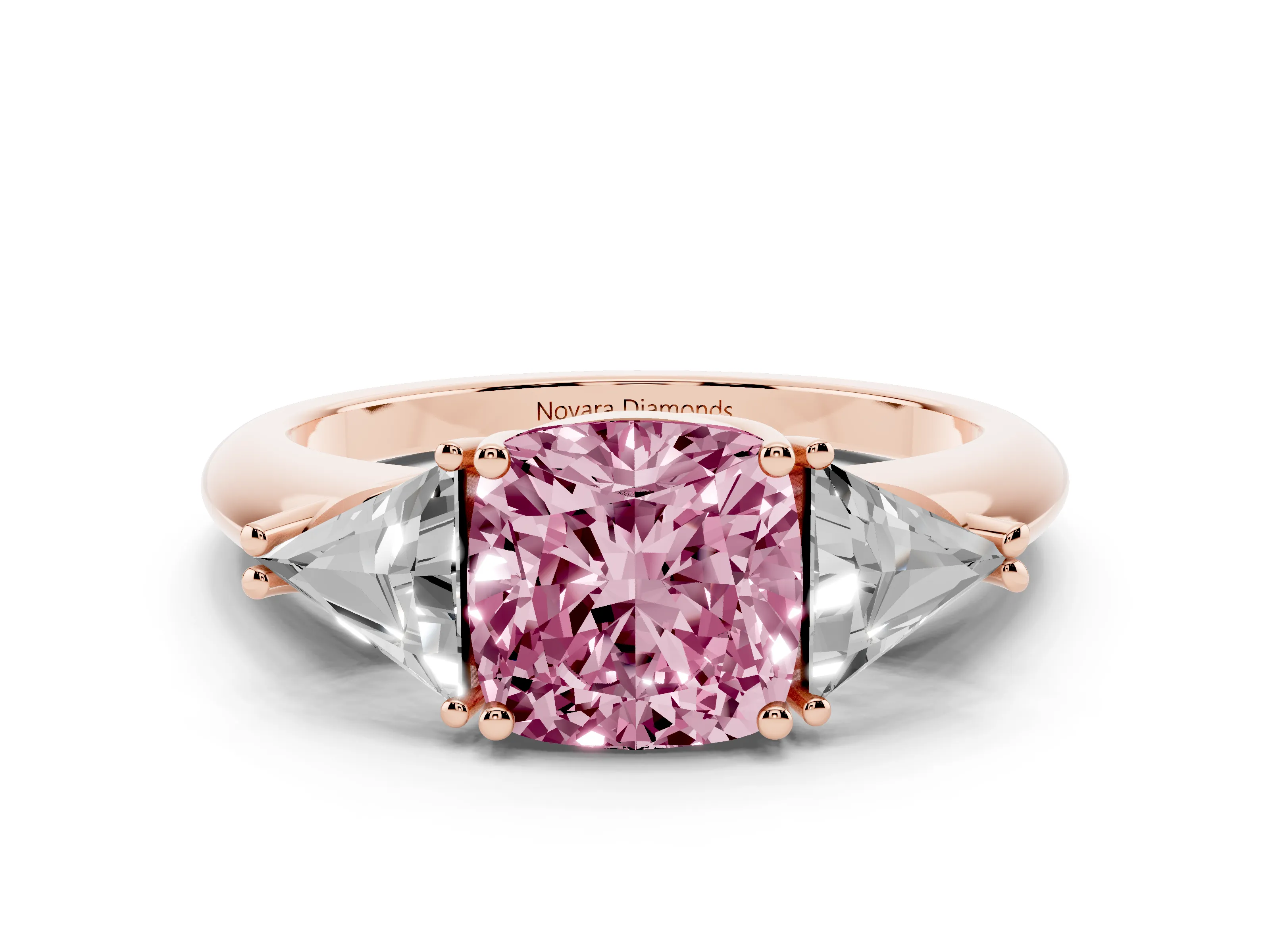 Fancy Pink Cushion Cut Diamond Three-Stone Engagement Ring Set in Rose gold with Trillion Side Stones