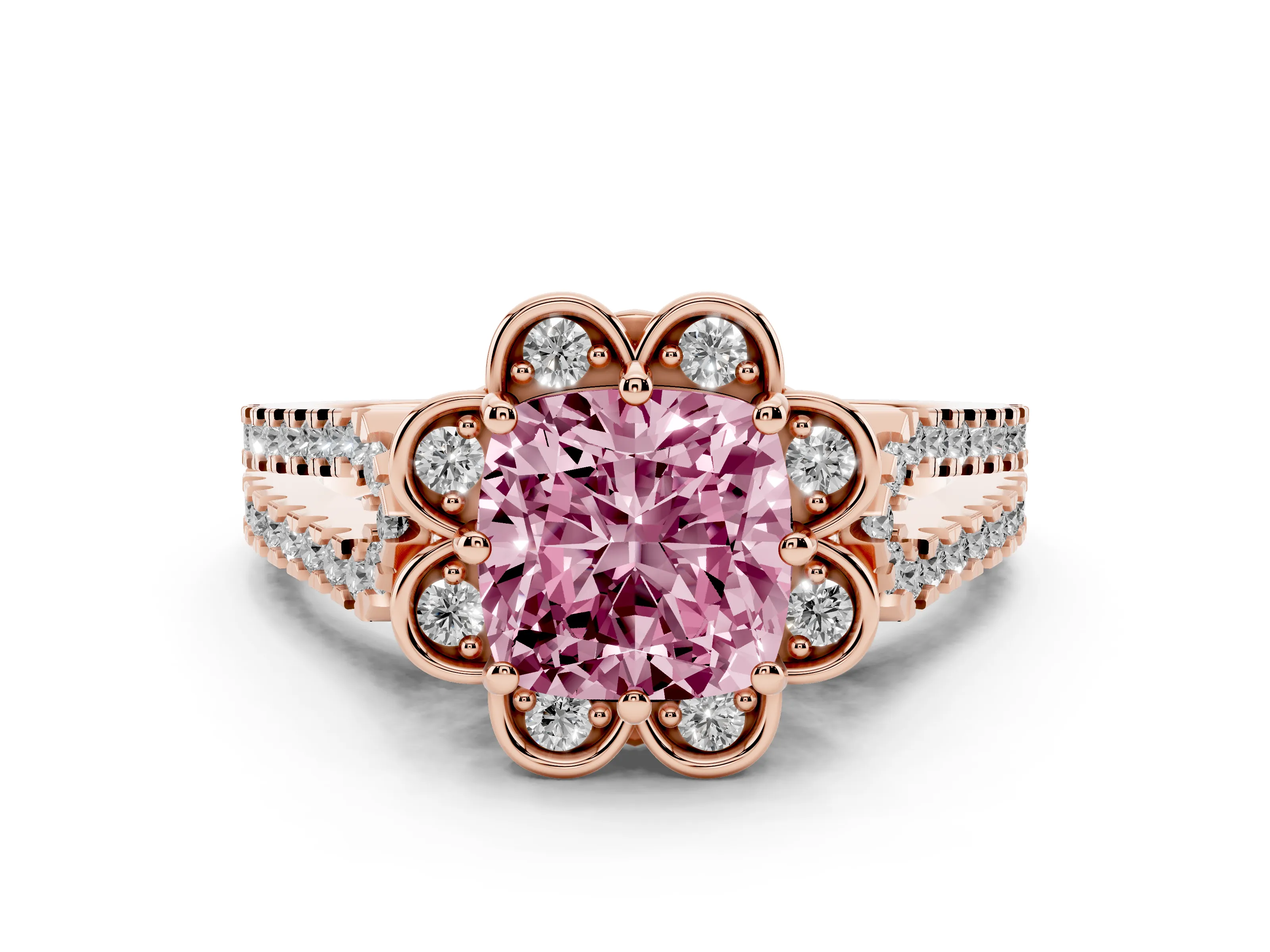 Fancy Pink Cushion Cut Diamond Floral Halo Split Shank Engagement Ring Set in Rose gold with Pavé Shank