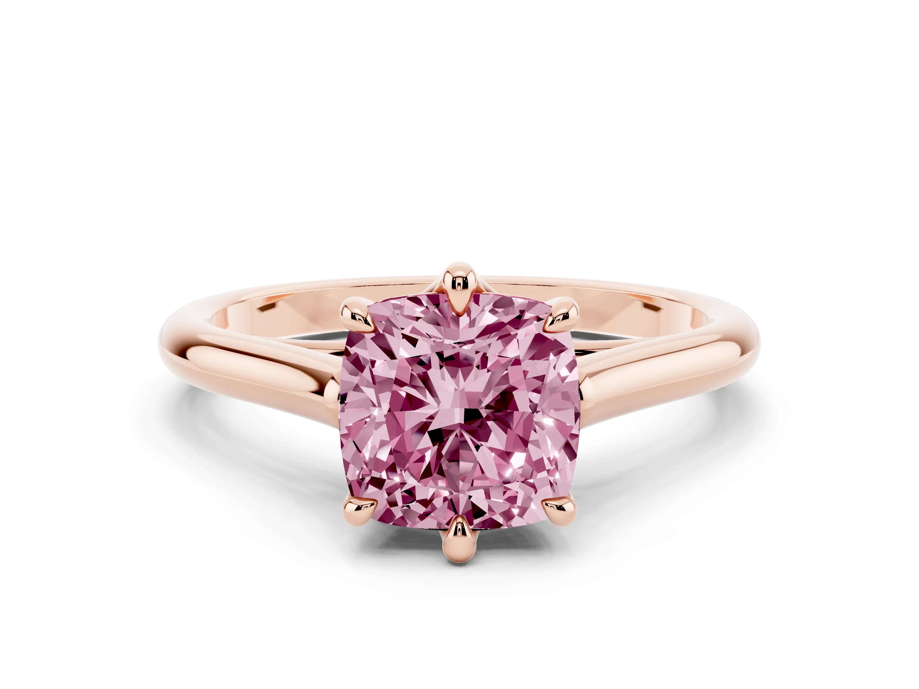Fancy Pink Cushion Cut Diamond Solitaire Engagement Ring Set in Rose gold with Prong Setting and Plain Classic Band
