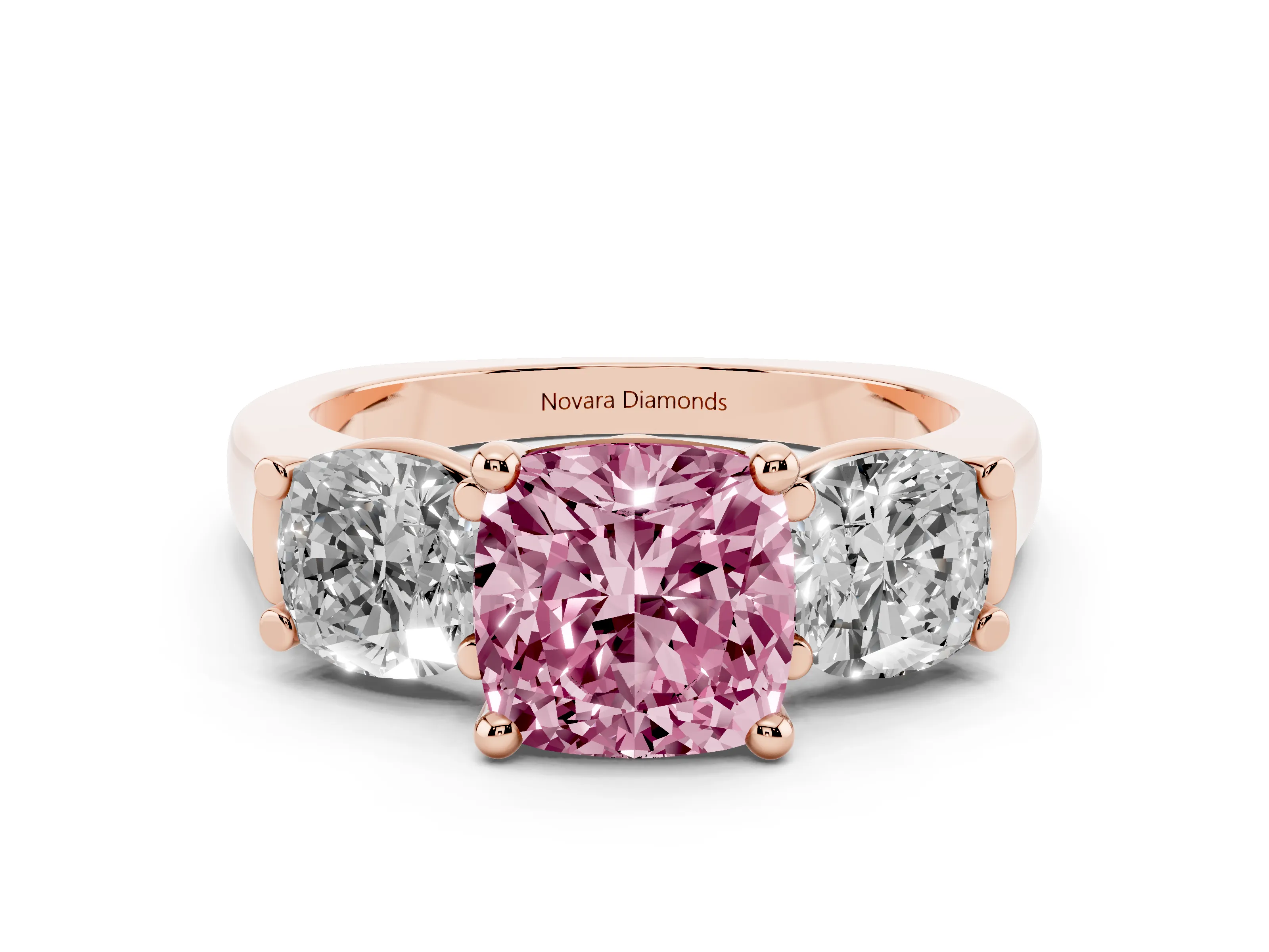 Fancy Pink Cushion Cut Diamond Three-Stone Trellis Ring Set in Rose gold with Comfort Fit Band