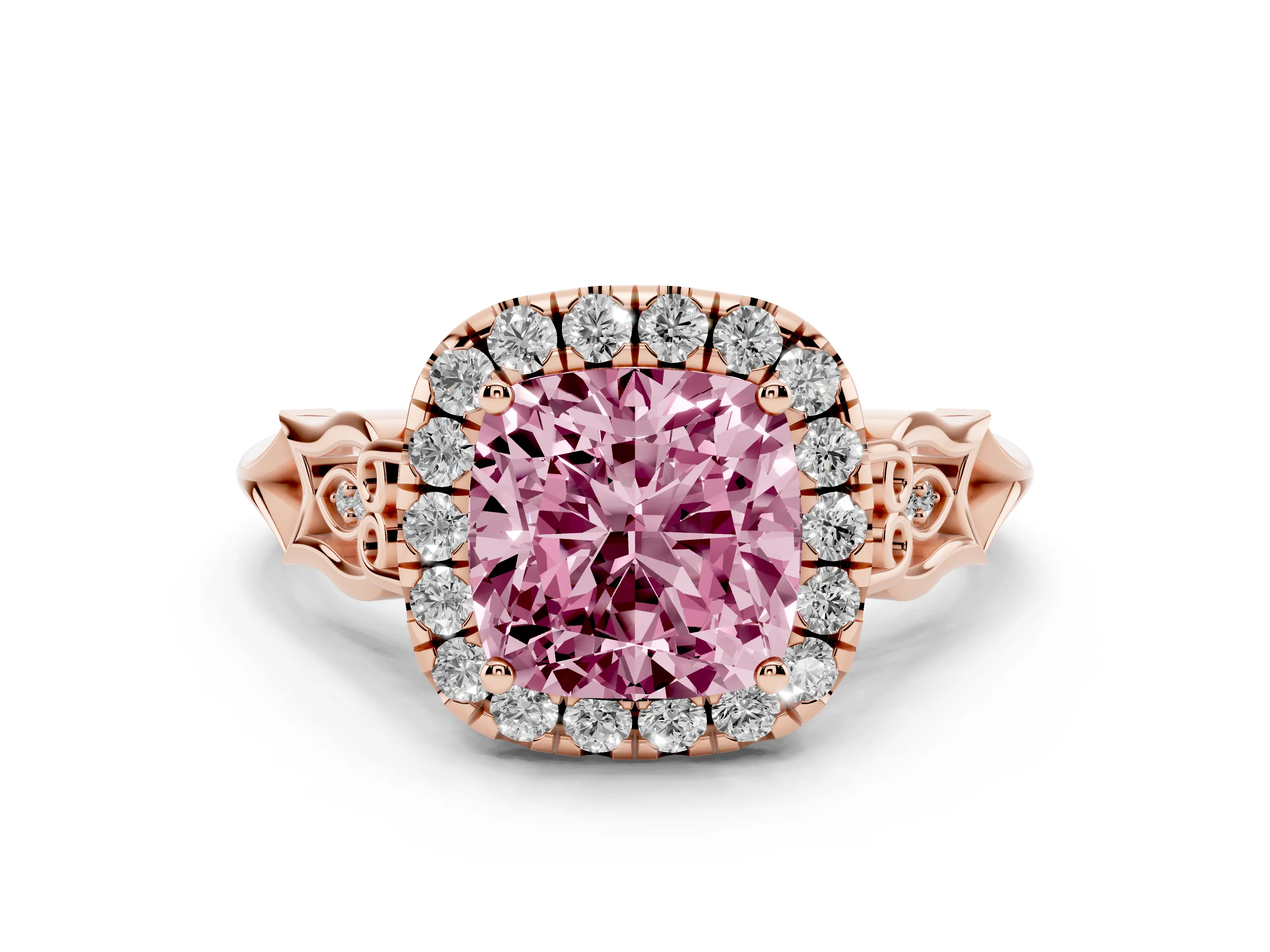 Fancy Pink Cushion Cut Diamond Halo Engagement Ring Set in Rose gold with Filigree Band and Prong-Set Center
