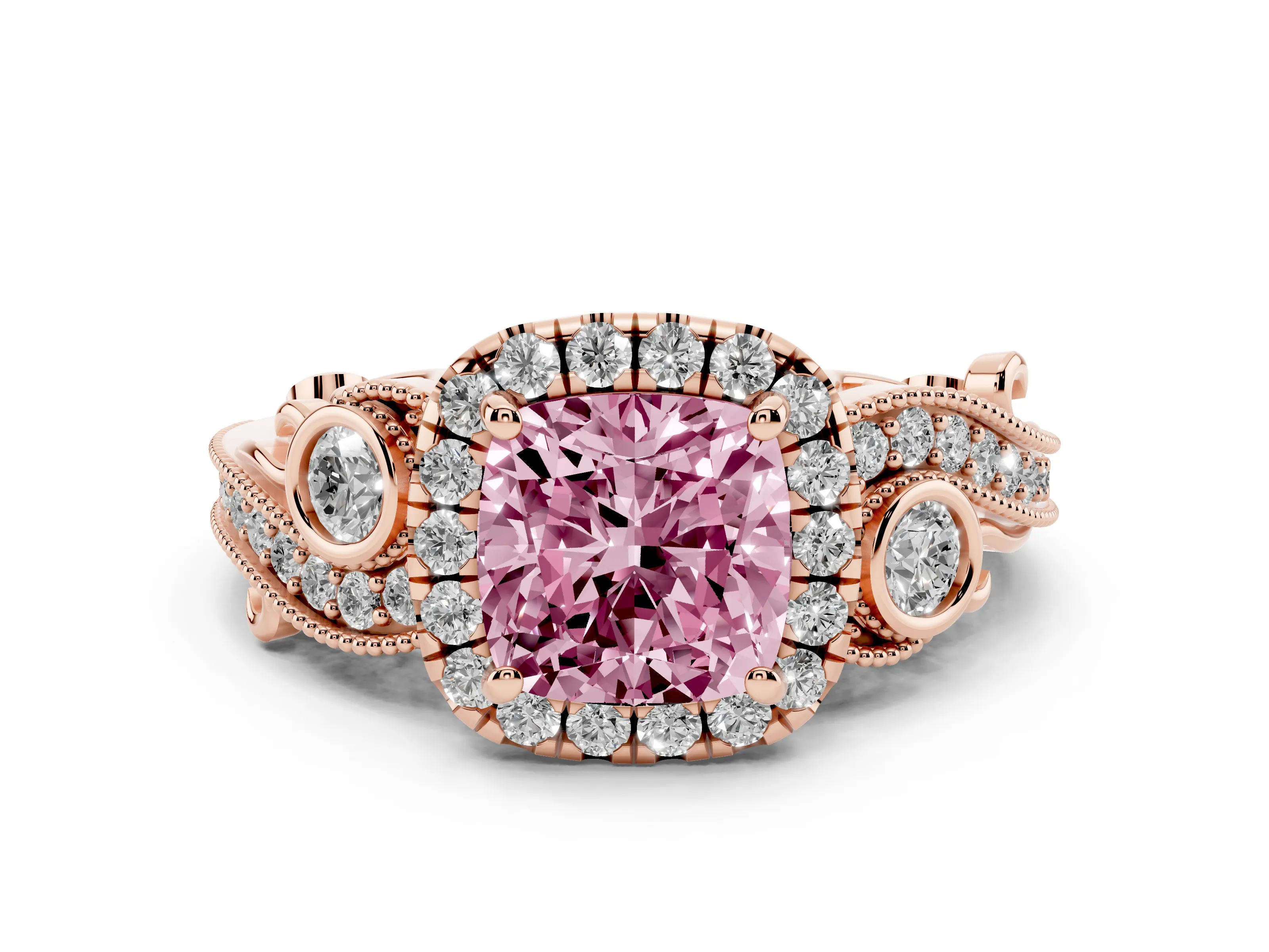 Fancy Pink Cushion Cut Diamond Halo Ring Set in Rose gold with Milgrain Pavé Band and Prong Setting