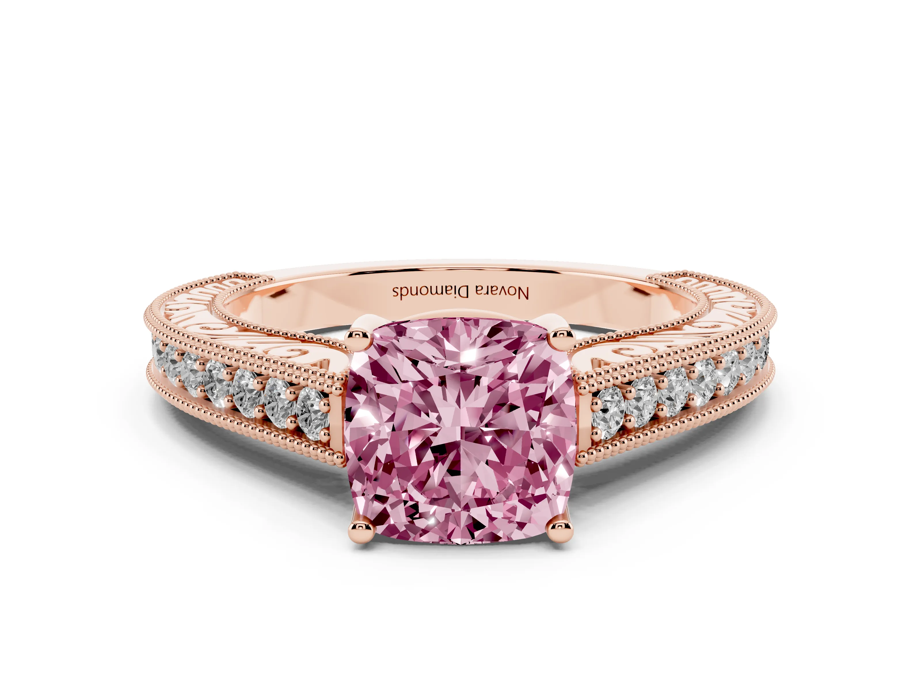Fancy Pink Cushion Cut Diamond Milgrain Pavé Band Solitaire Ring Set in Rose gold with Prong Setting