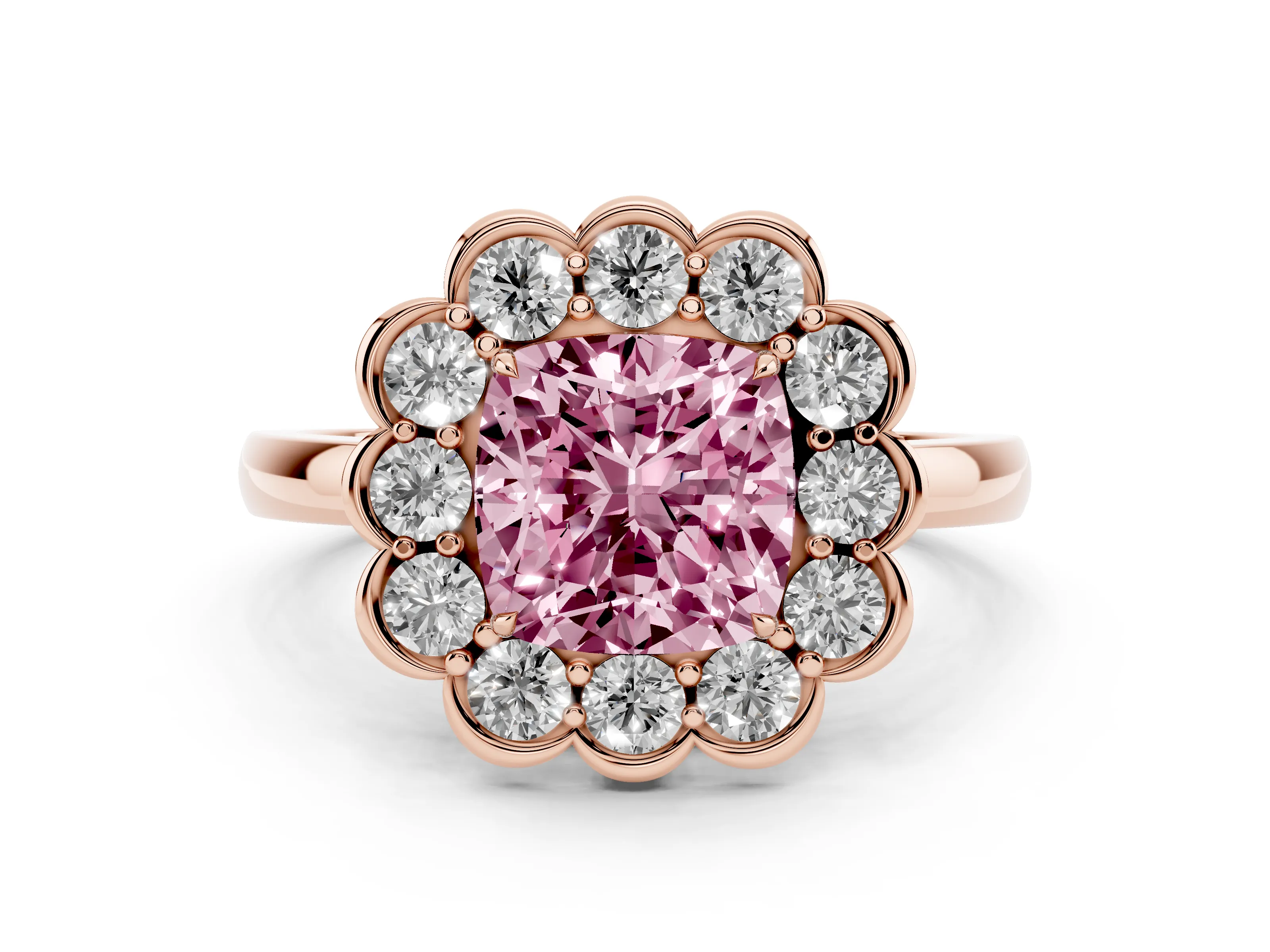 Fancy Pink Cushion Cut Diamond Halo Cluster Engagement Ring Set in Rose gold with Solitaire Band and Prong Setting