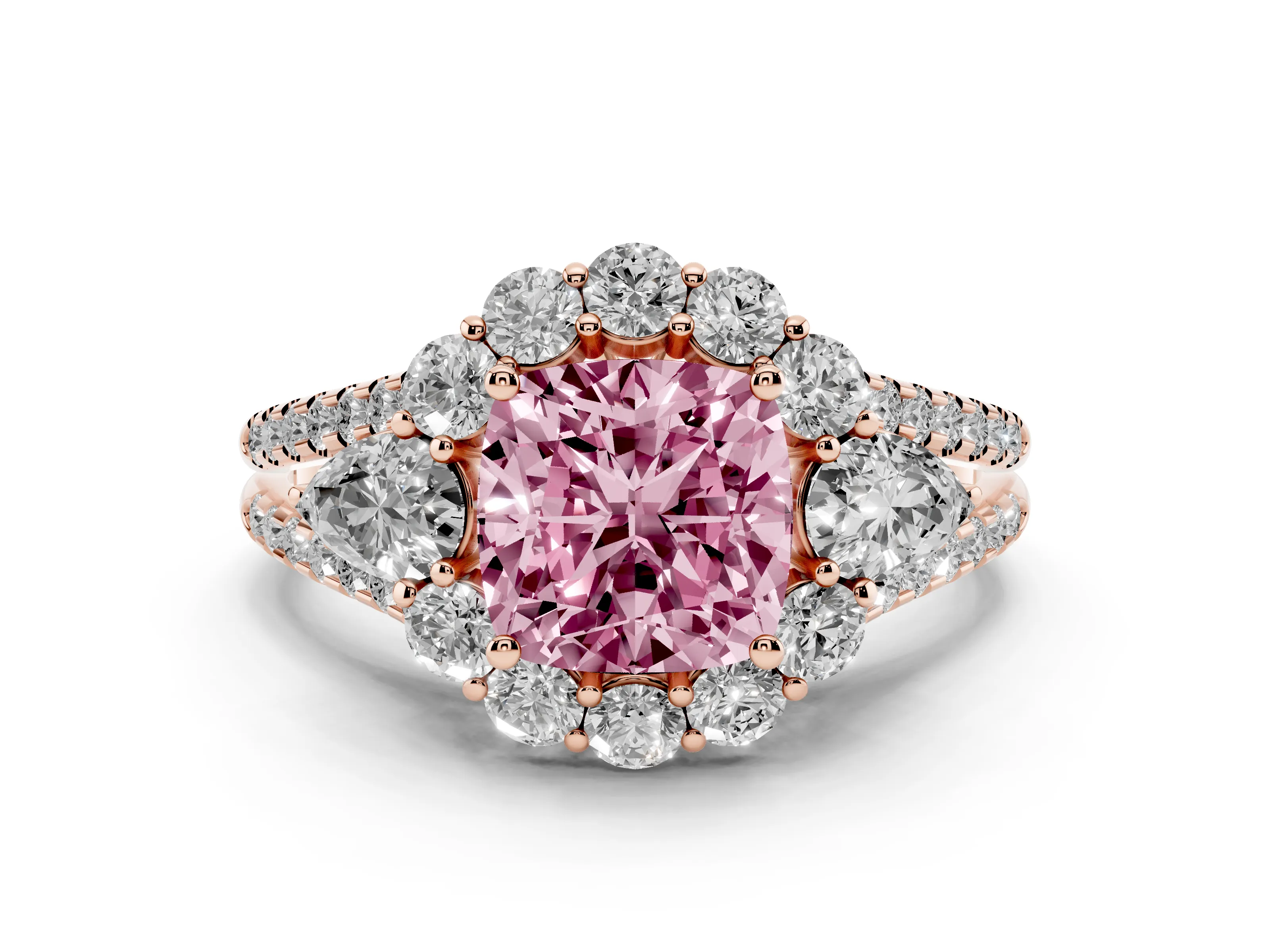 Fancy Pink Cushion Cut Diamond Halo Split Shank Engagement Ring Set in Rose gold with Prong-Held Center Stone