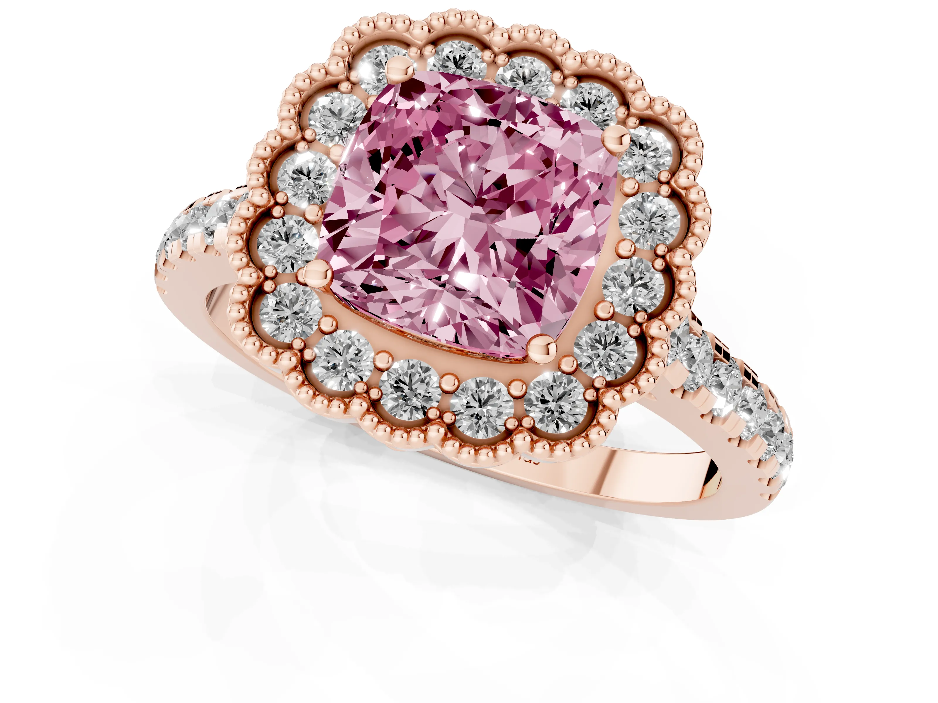Fancy Pink Cushion Cut Diamond Milgrain Floral Halo Engagement Ring Set in Rose gold with Pavé Band