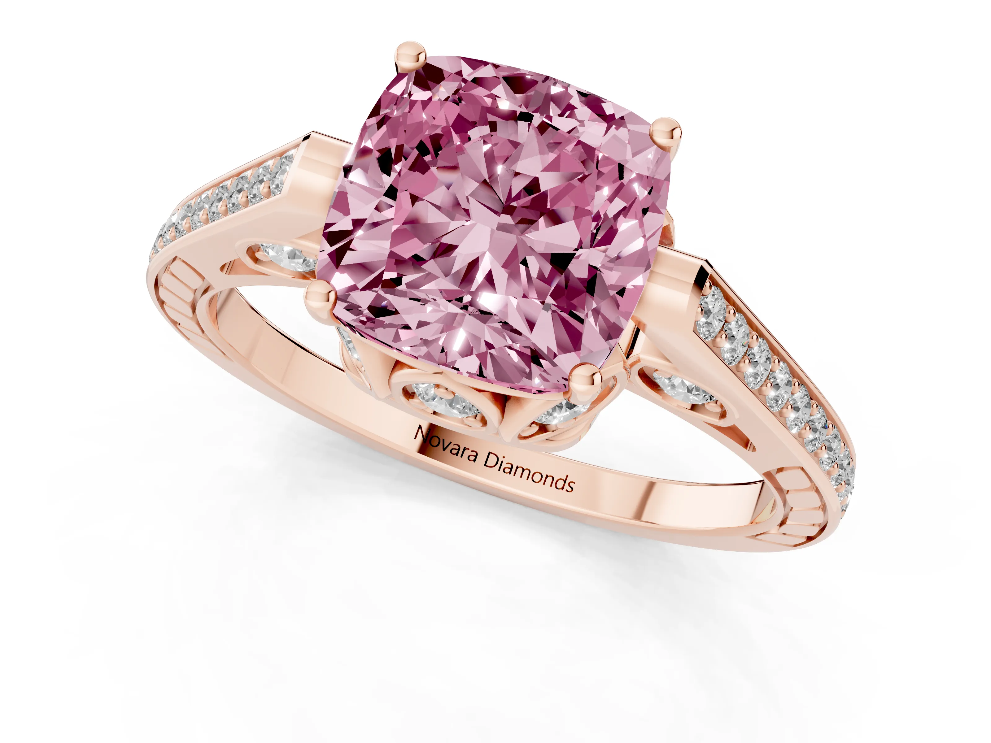 Fancy Pink Cushion Cut Diamond Cathedral Pavé Engagement Ring Set in Rose gold with Prong Setting