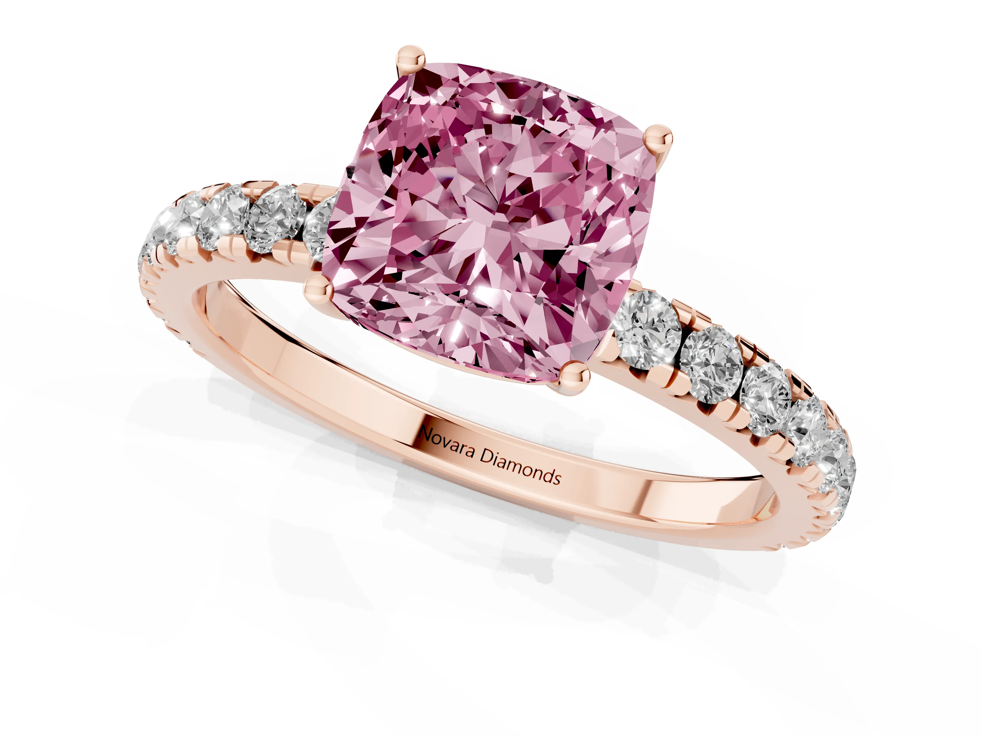 Fancy Pink Cushion Cut Diamond Pavé Solitaire Engagement Ring Set in Rose gold with Prong Setting