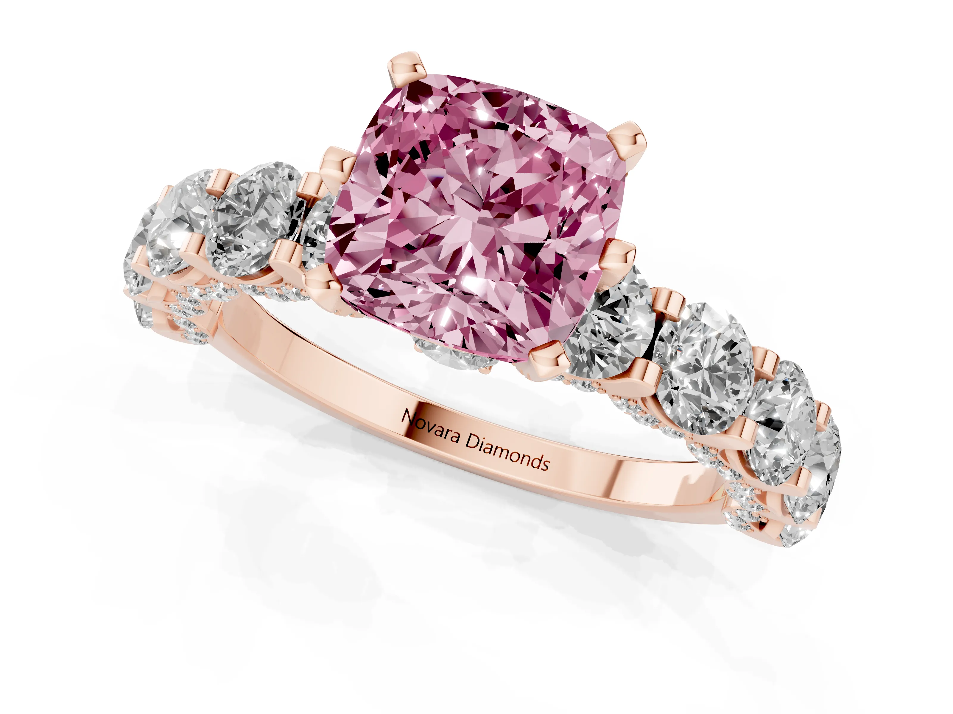 Fancy Pink Cushion Cut Diamond Side Stone Ring Set in Rose gold with Alternating Round and Oval Side Stones – second view