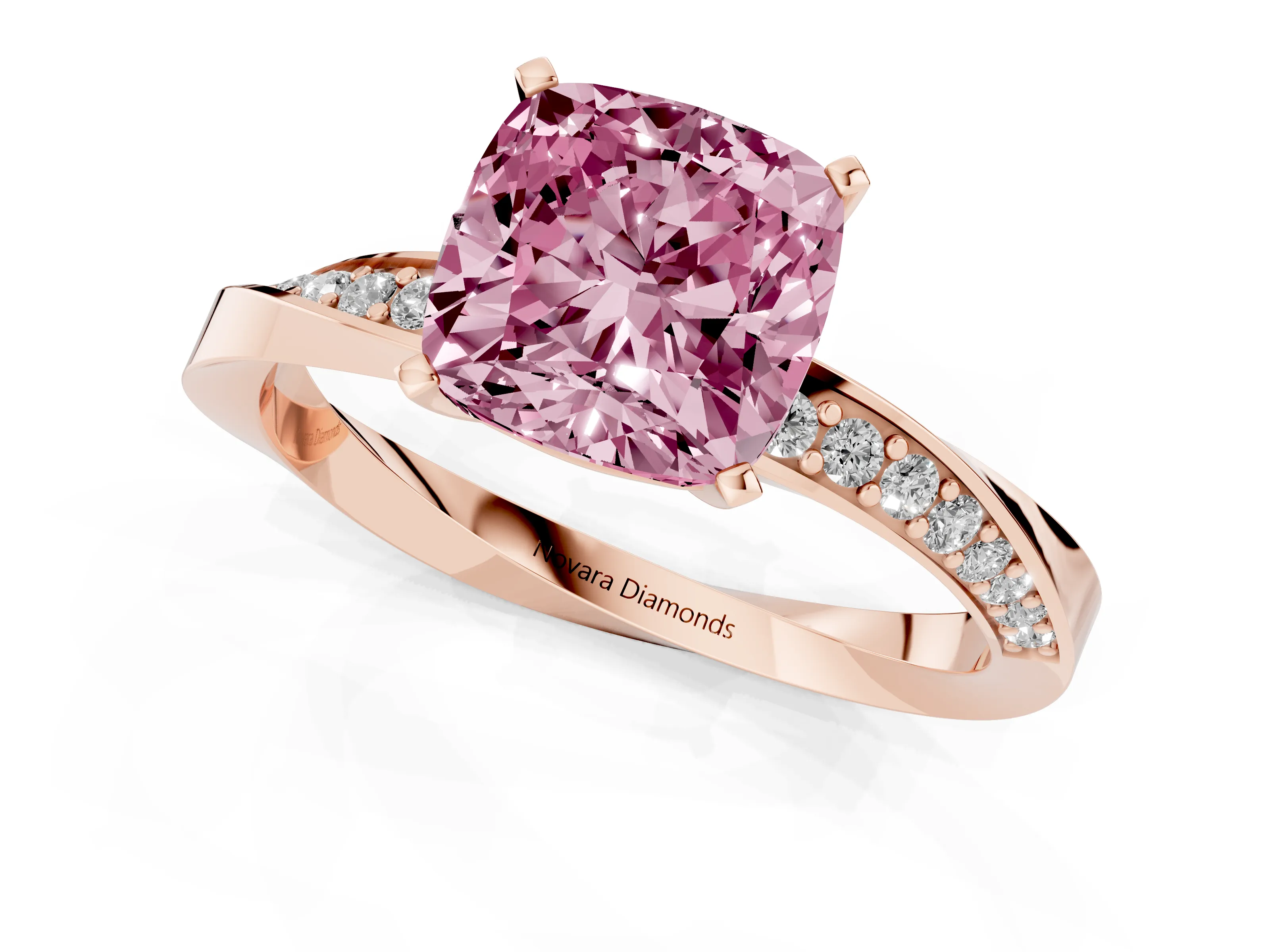 Fancy Pink Cushion Cut Diamond Engagement Ring Set in Rose gold with Side Stone Accents and Prong Setting