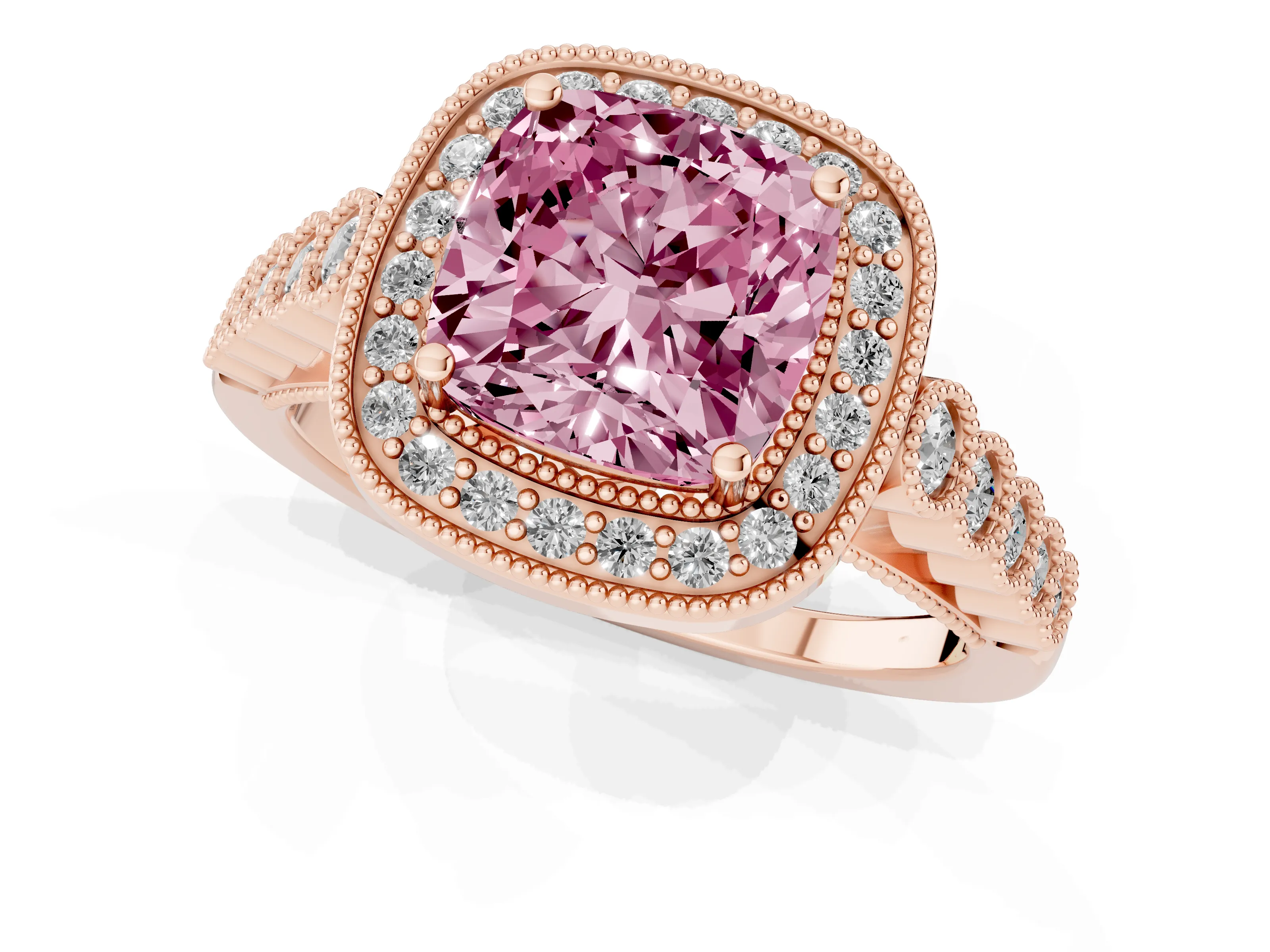 Fancy Pink Cushion Cut Diamond Milgrain Halo Solitaire Ring Set in Rose gold with Bezel Set Side Stones and Pavé Band