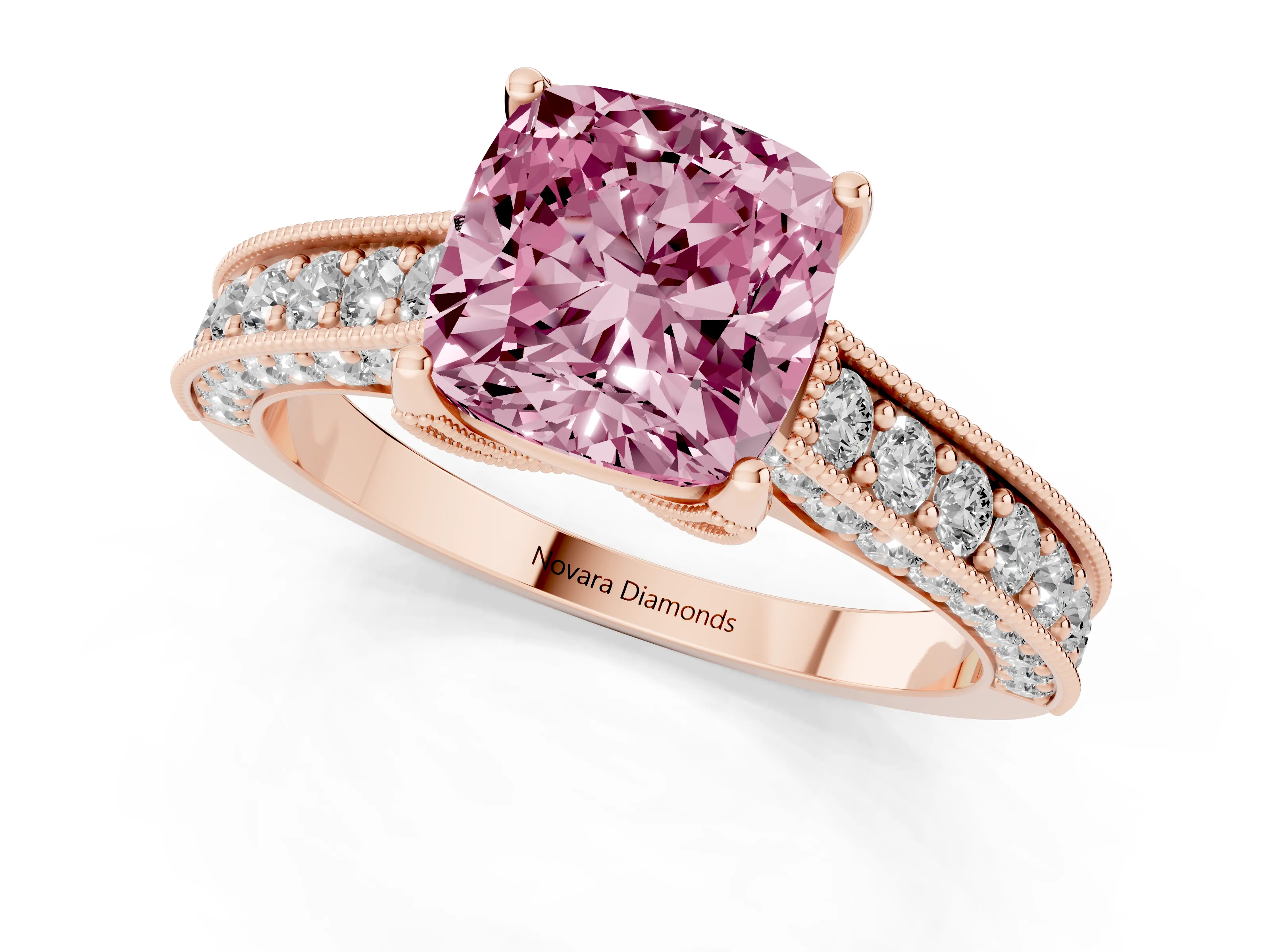 Fancy Pink Cushion Cut Diamond Solitaire Ring Set in Rose gold with Milgrain-Edged Pavé Band and Prong Setting
