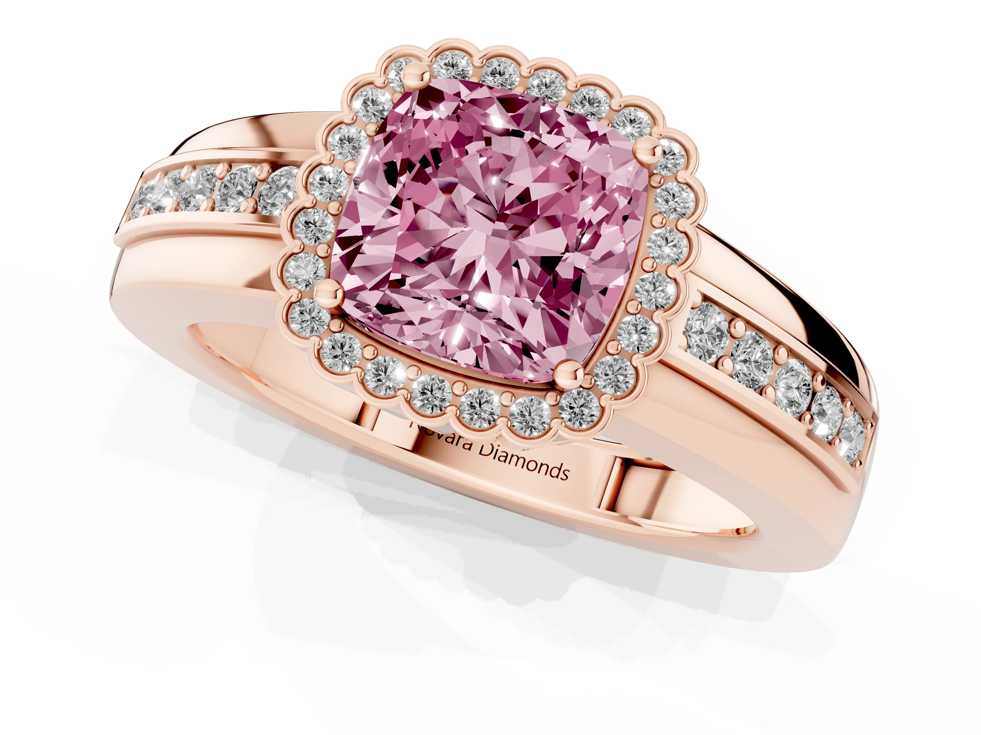 Fancy Pink Cushion Cut Diamond Halo Prong Ring Set in Rose gold with Pavé Band