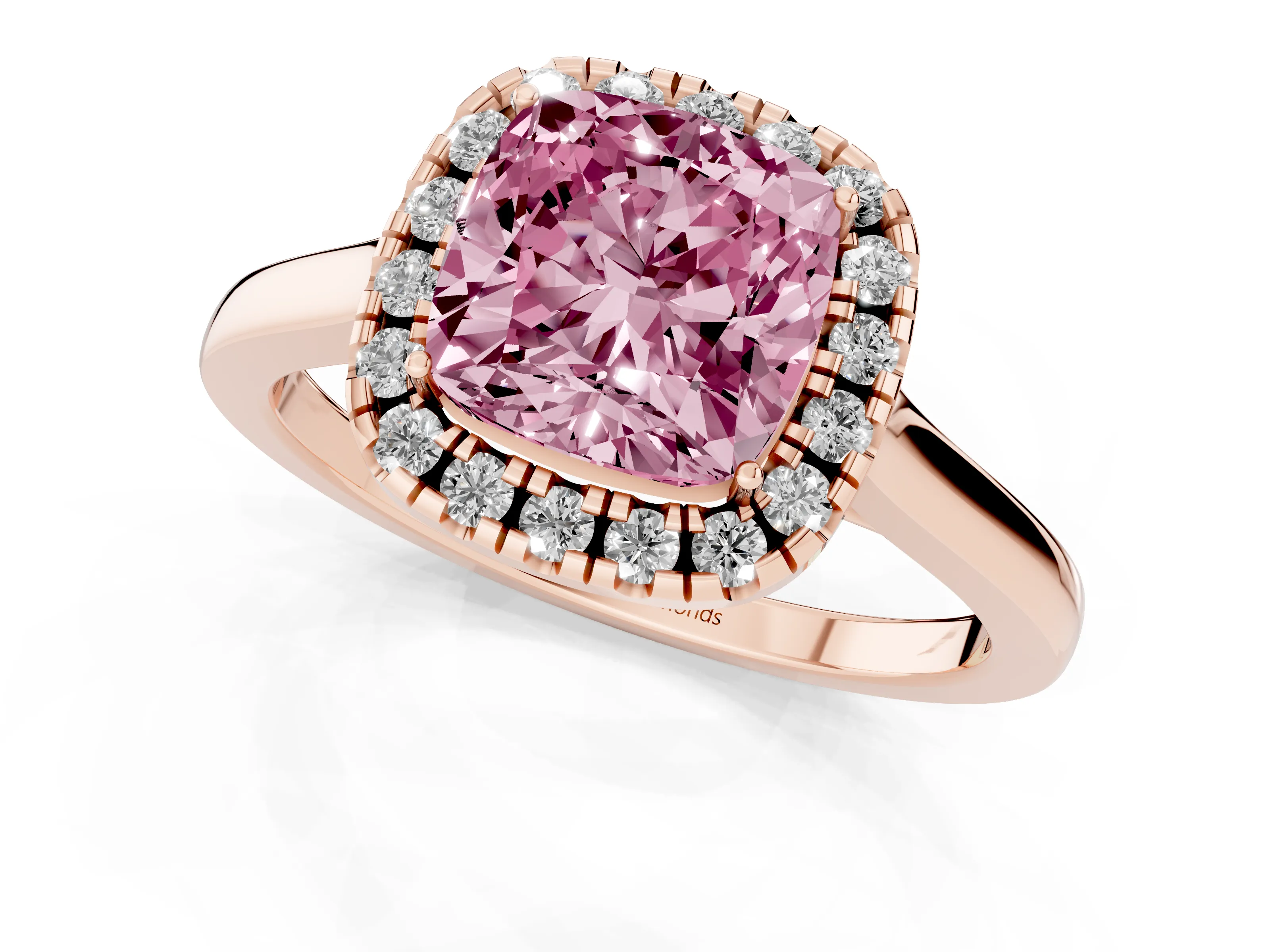 Fancy Pink Cushion Cut Halo Round Diamond Solitaire Ring Set in Rose gold with Pavé Band and Prong Setting