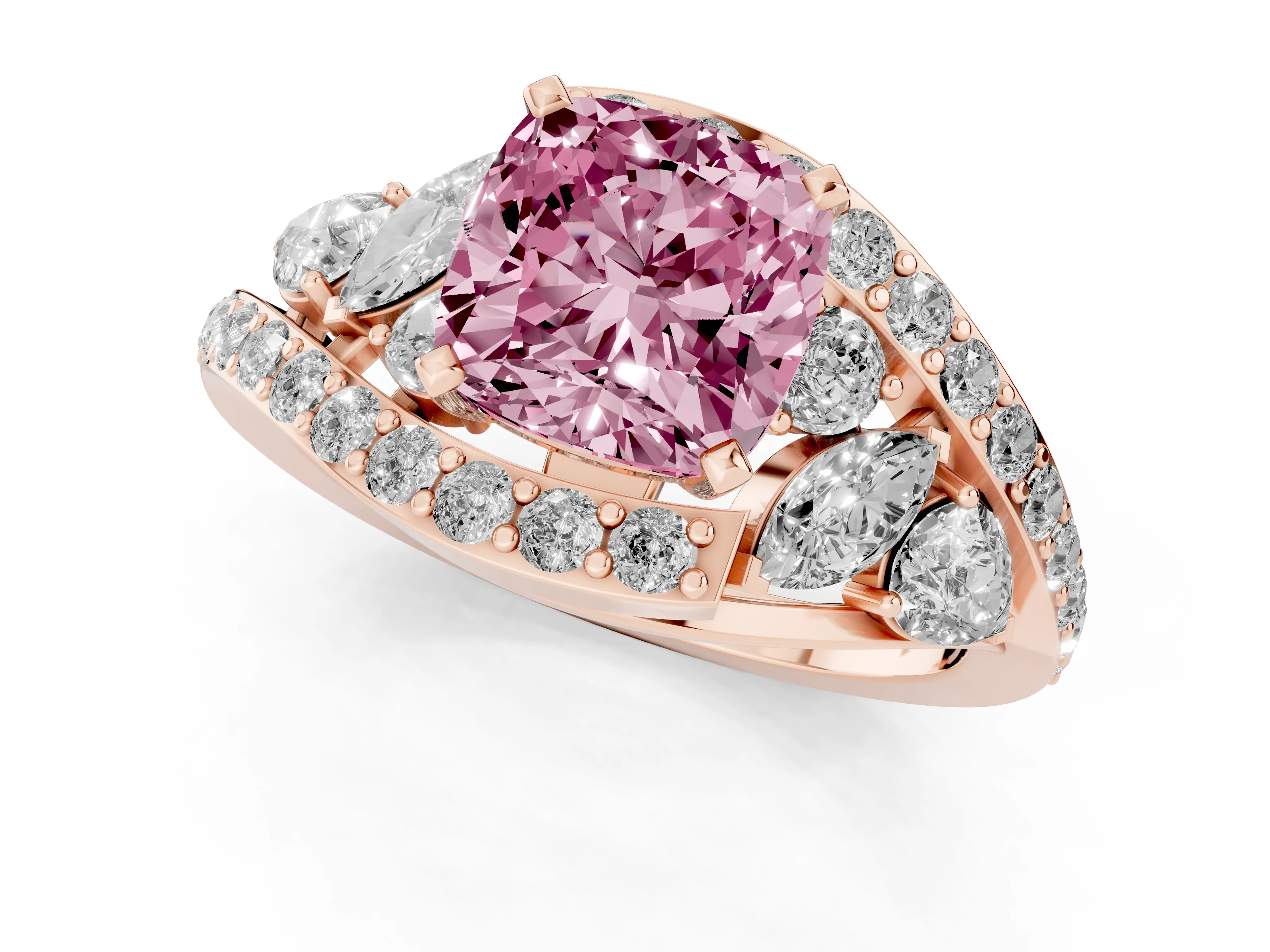Fancy Pink Cushion Cut Diamond Halo Ring Set in Rose gold with Marquise and Pavé Band in Prong Setting