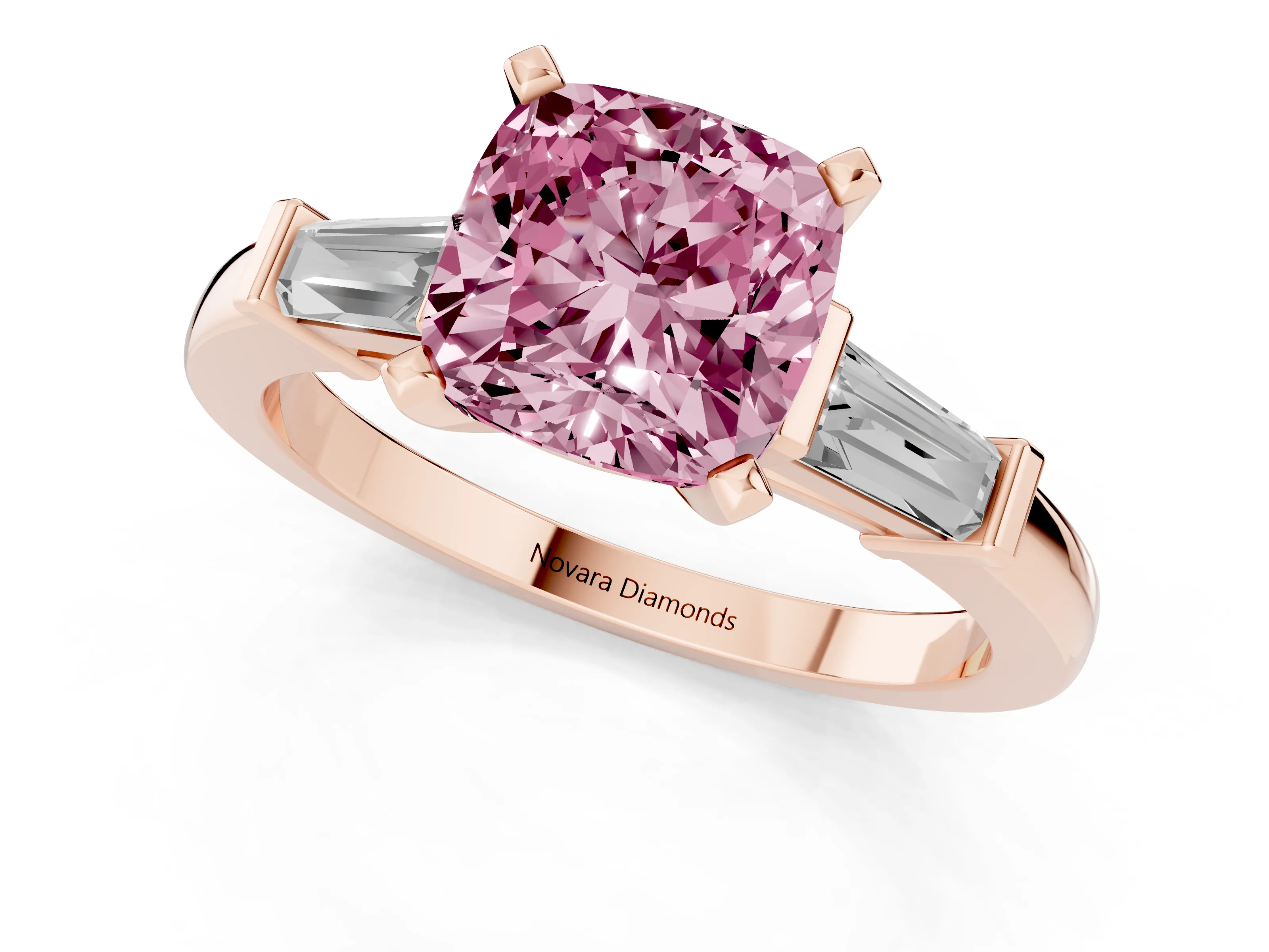 Fancy Pink Cushion Cut Diamond Solitaire Ring Set in Rose gold with Tapered Baguette Accents and Prong Setting