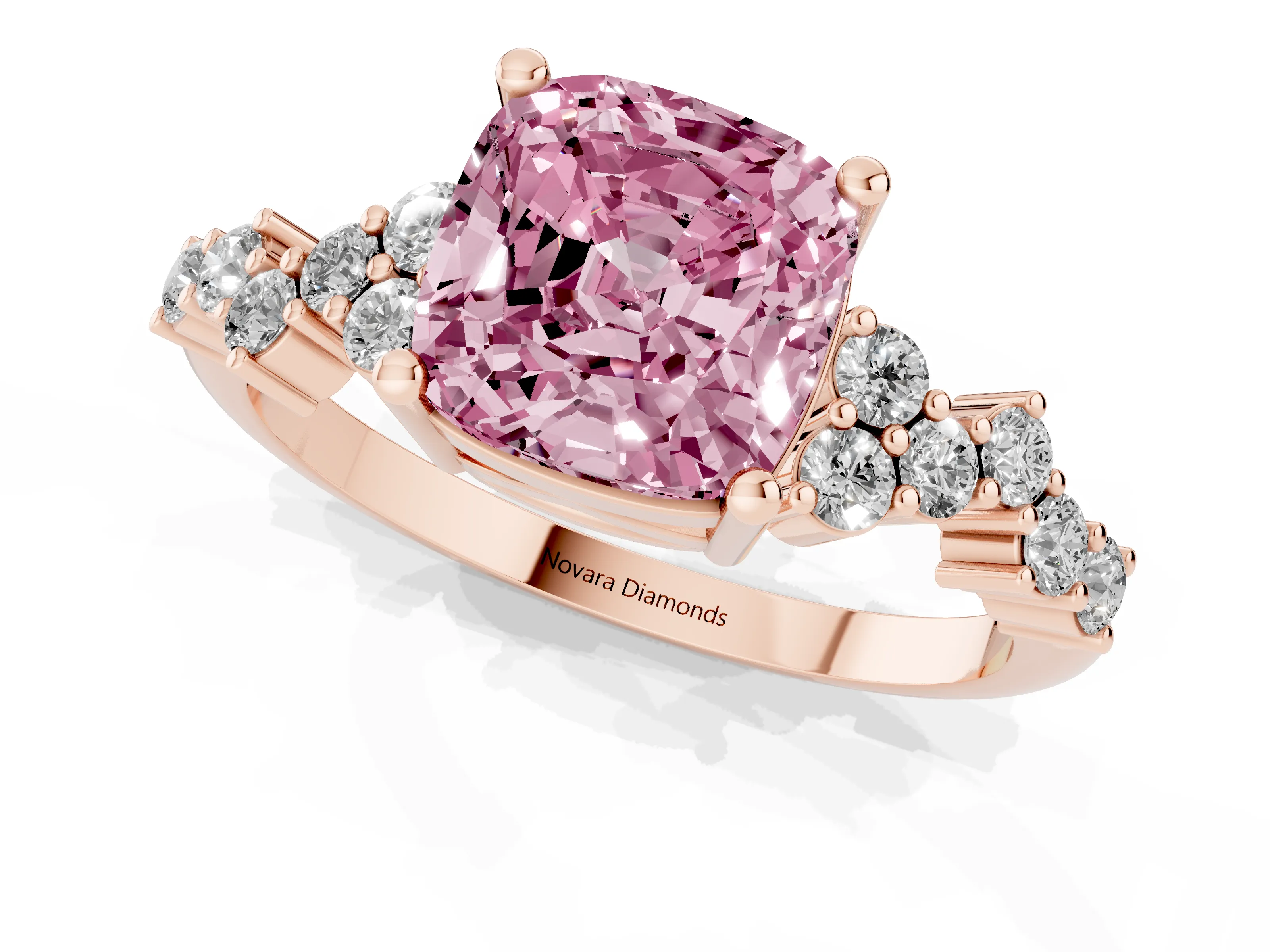 Fancy Pink Cushion Cut Diamond Ring Set in Rose gold with Scattered Round Accents