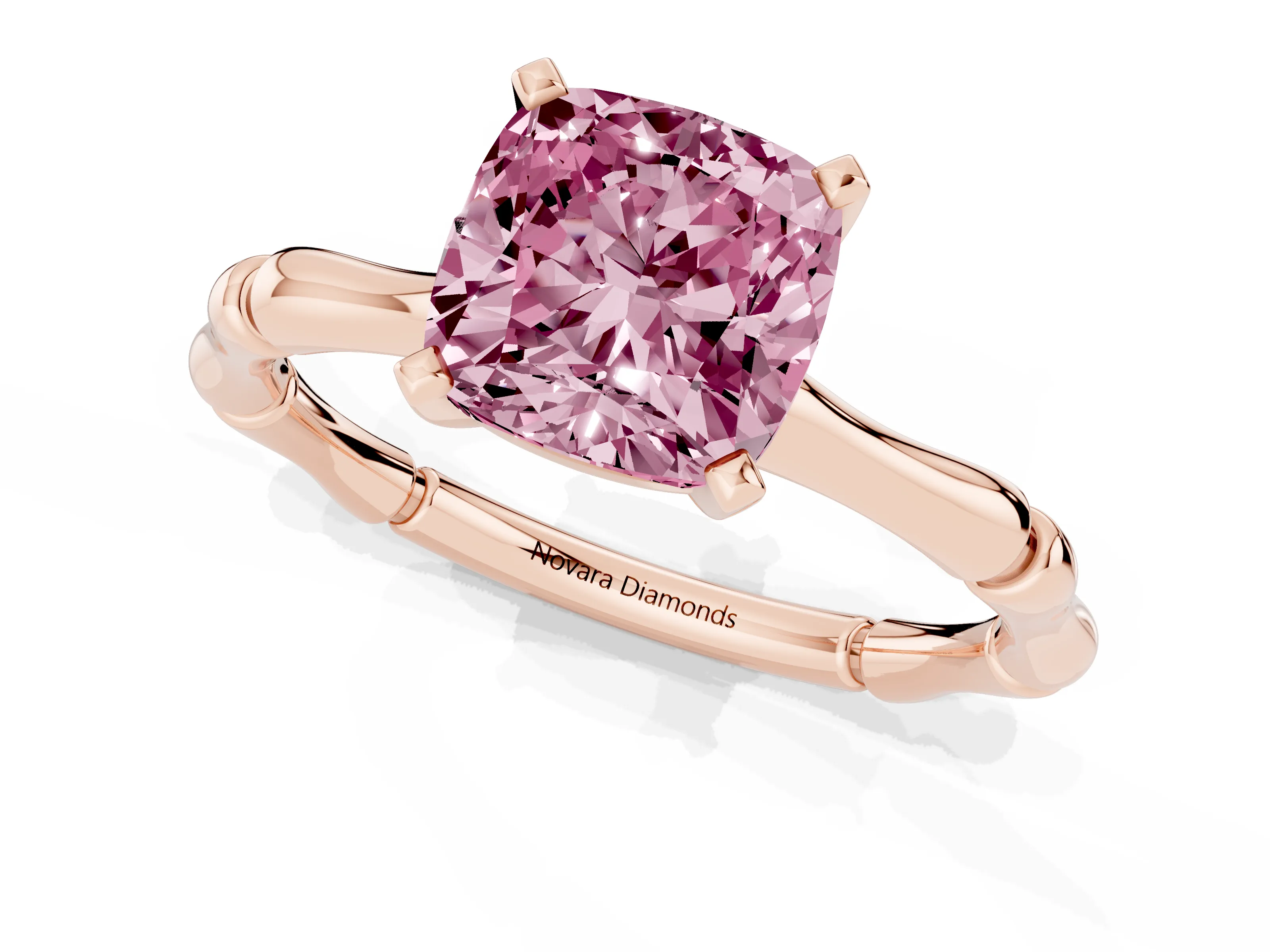 Fancy Pink Cushion Cut Diamond Solitaire Ring Set in Rose gold with Bamboo Band and Prong Setting