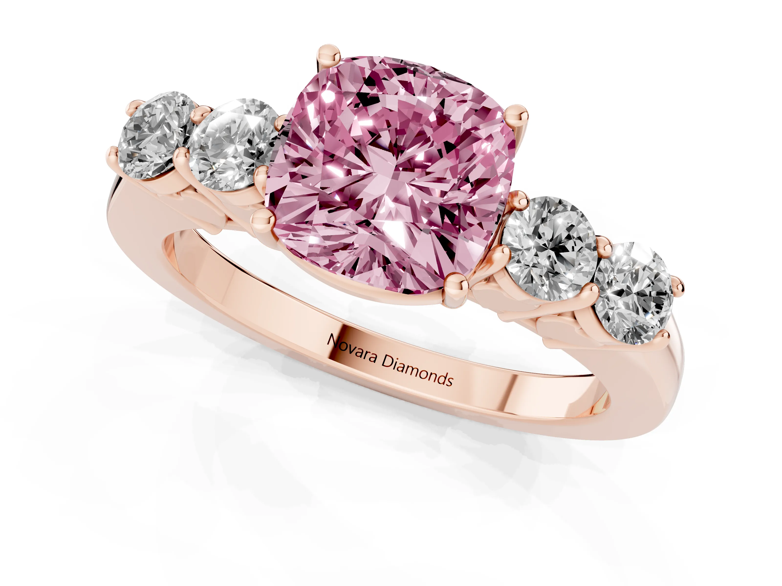 Fancy Pink Cushion Cut Diamond Five-Stone Prong Set Band Ring Set in Rose gold with Polished Band