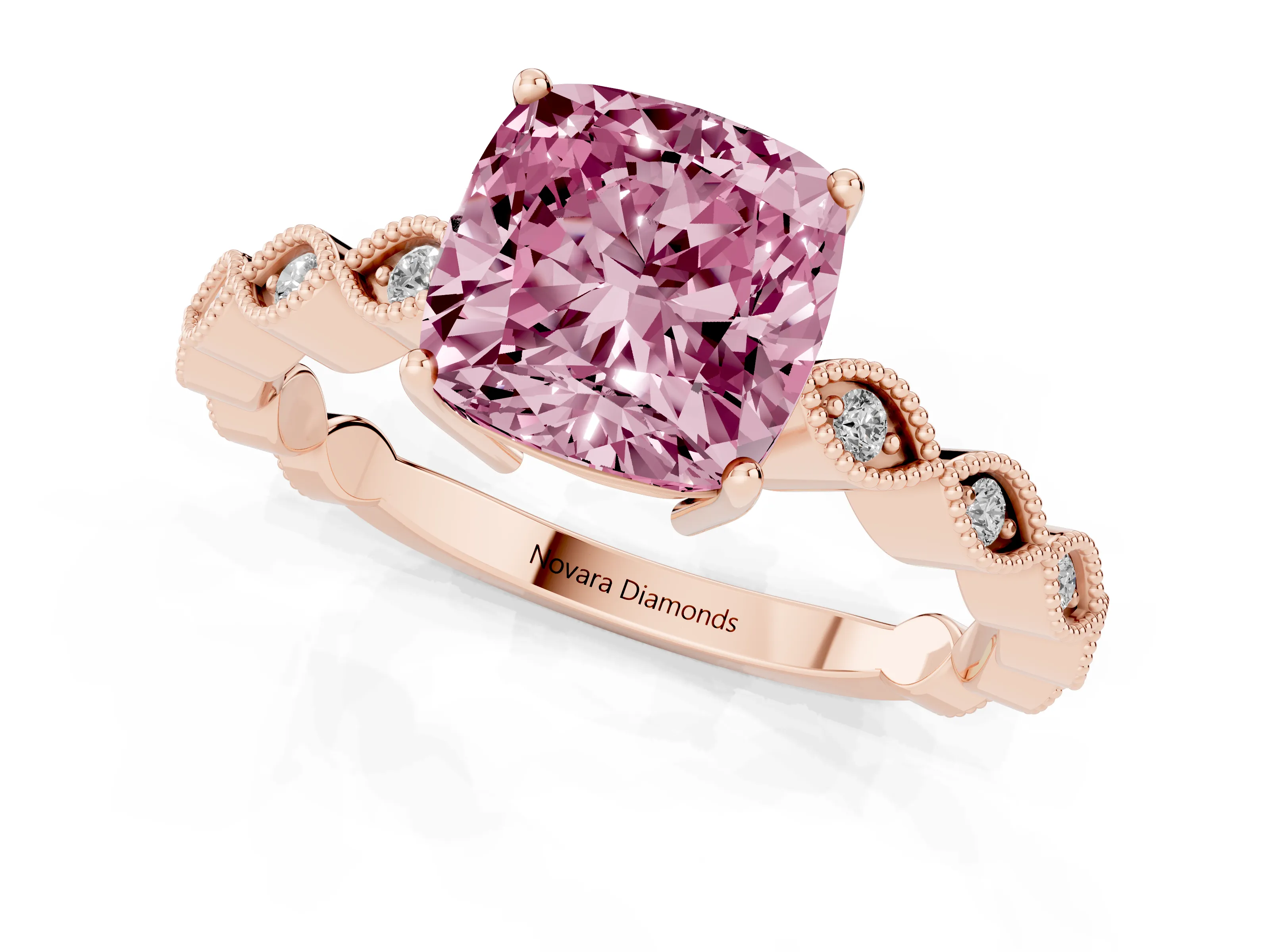 Fancy Pink Cushion Cut Diamond Solitaire Ring Set in Rose gold with Infinity Twist Pavé Band